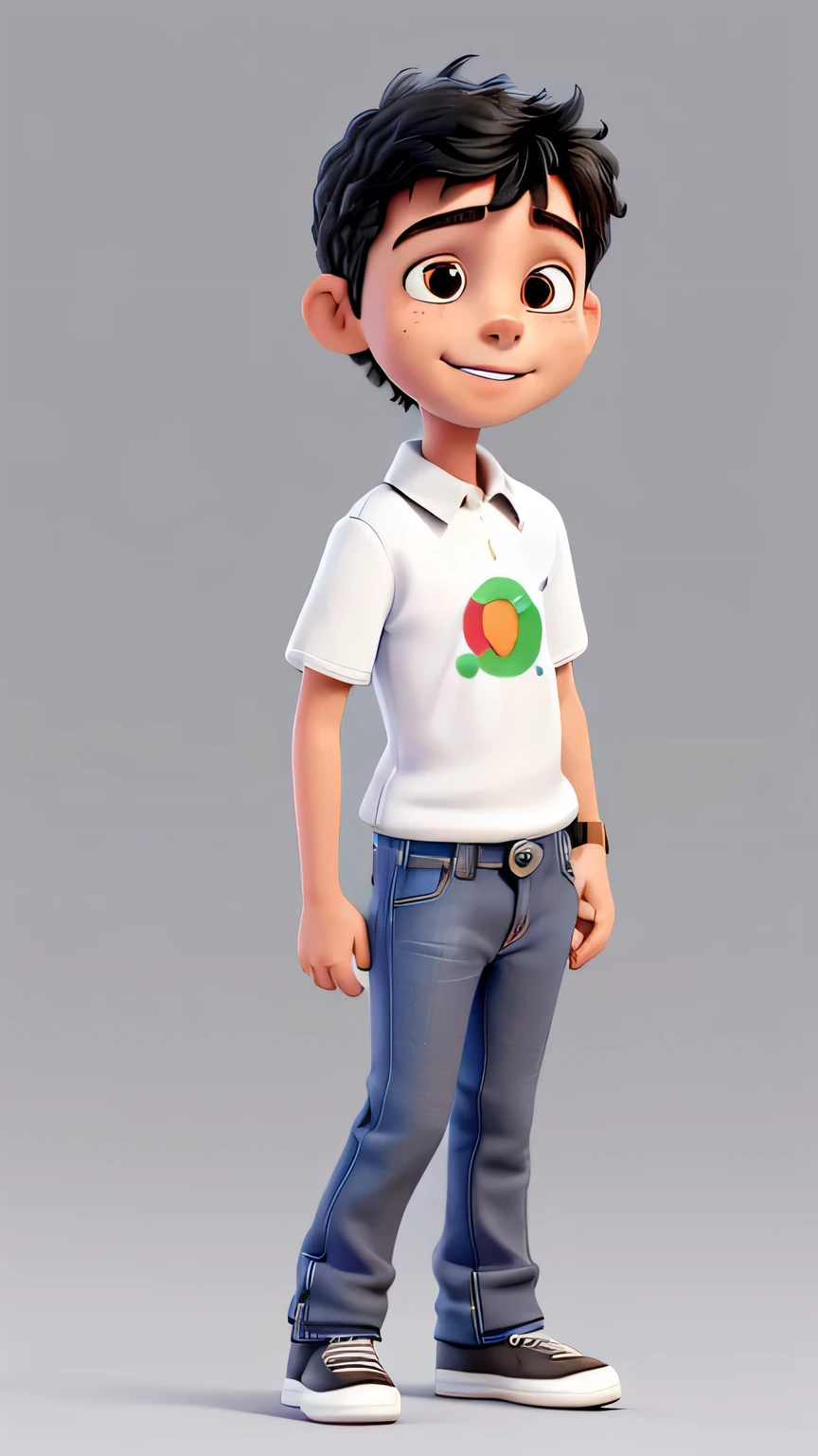 Miguel was a six-year-old autistic boy, he wore jeans, a white shirt with a black collar, Miguel was happy. image white background, only the character in the image