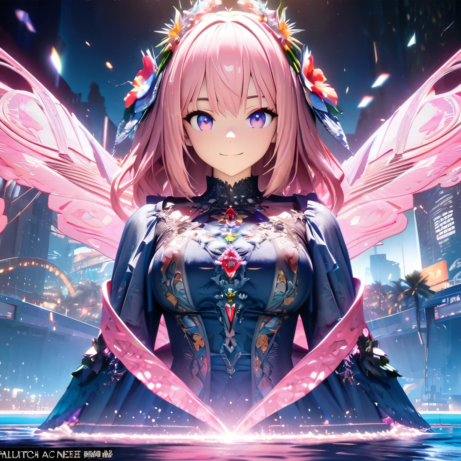 Masterpiece, Best Quality, High Definition, High Resolution, Expensive Resolution, High Definition, 4K, 8k, Unity 8k Wallpaper, High Definition CG, Masterpiece, Real, 2D, 3D, Beautiful Details, Depth, Fine Texture, Super Quality: 1.3 , create an anime-style illustration of a character wearing an elaborate Hawaiian dress decorated with flowers and jewels, with perfect concentration and a bright night beach background. Draw a close-up of the upper body. {{The dress should have multiple layers and a special treatment of ruffles, with gemstones of different colors embedded throughout. }} , The character's pink hair should be long and flowing to complement the intricate design of the dress. The cityscape at night should also be vivid. The streets are lit up in different colors and buzz with lights indicating an active nightlife. Includes light reflections from buildings in the bodies of water in between.With a smile