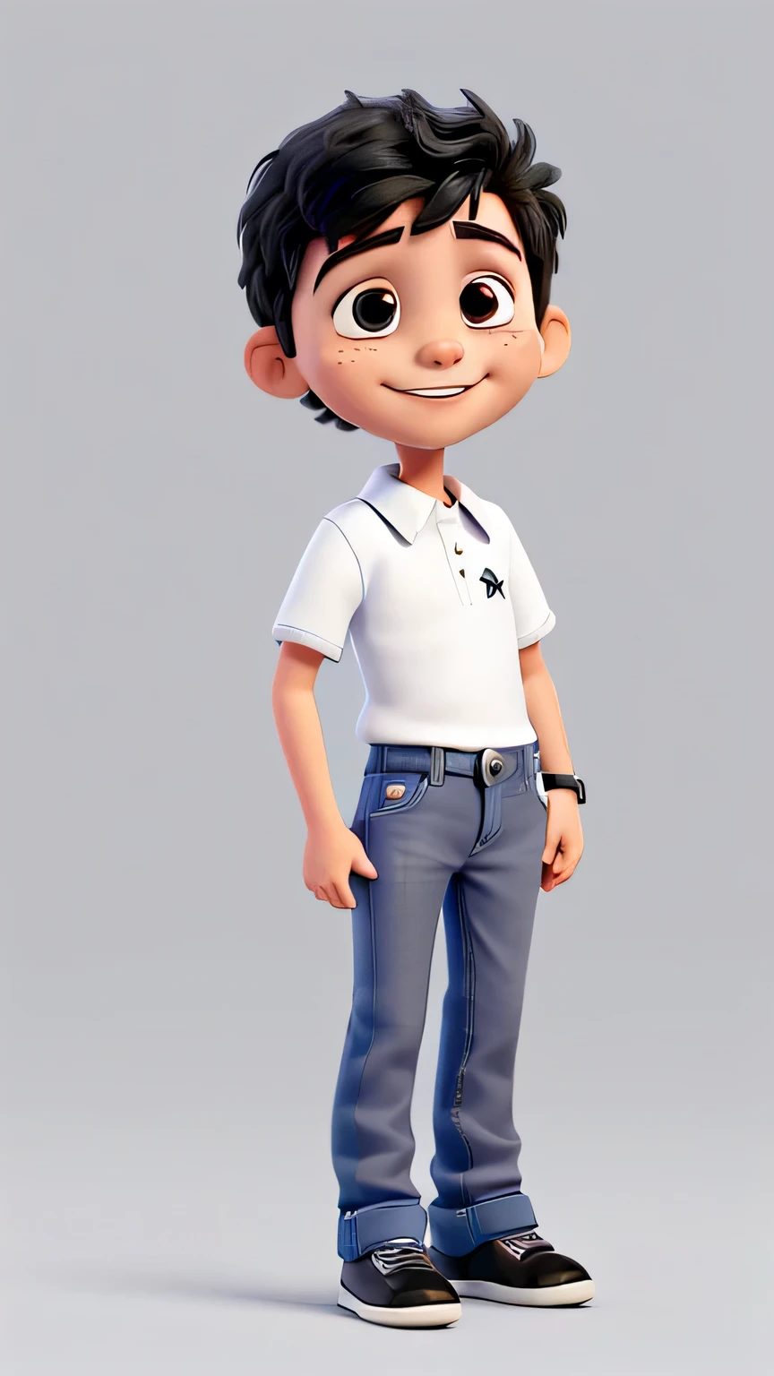 Miguel was a -yead autic boy, he wore jeans, a white shirt with a black collar, Miguel was happy.  image white background, only the character in the image