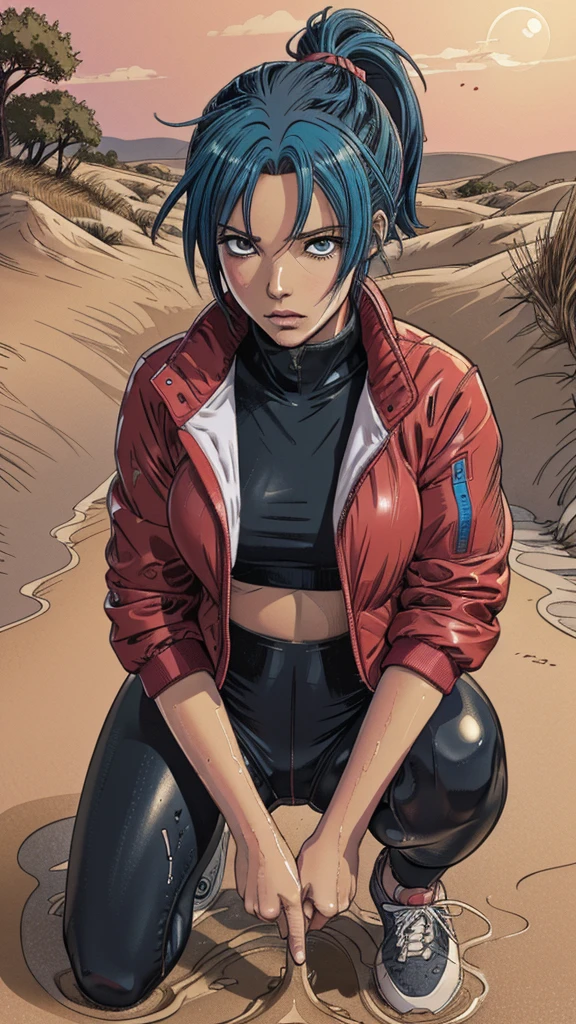 (best quality, highres), (vector image), (close-up), (anime), ( girl), (colored hair), (gloomy orgasm), (blush), (sporty wetlook leggings), (sporty top), (near quicksand bog), (red), (blue), (sneakers),(provocative photo session), (down jacket:1.2), posing