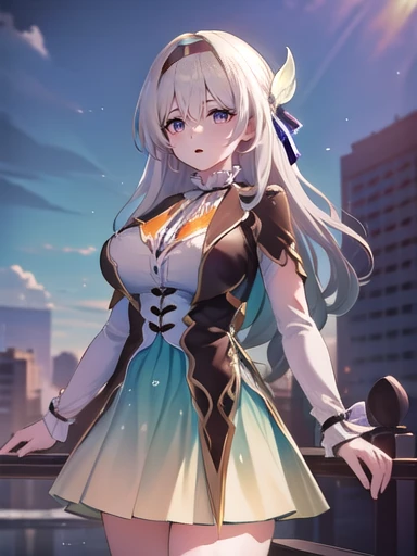 (masterpiece:1.3),((High resolution)),((high quality)),((Super detailed))、One girl、((可愛いsmile))、Perfect balance、Perfect Face、Detailed face、Cute face、beautiful詳細な目、Expressive eyes、Cute eyes、Shiny eyes、Perfect body、beautiful体、honkai firefly, fire Fly, (Purple eyes:1.3), Grey Hair, 蝶のhair ornaments, hair ornaments, Hair intake, Long Hair, (Bright Eyes:1.5), shoes下, 青色のdress, 青色のshoes下,((Large Breasts)) ((Orange ribbon:1.5))、dress, shoes, shoes下, ツートーンdress, ツートーンshoes下, ホワイトdress, Long sleeve, hair band, 外でrest, 視聴者を見ながらrest, (Cowboy Shot:1.5), ((smile)) , rest, Embarrassing、(head shot)、blush、beautiful女の子、Cute face、beautiful顔、Cute face、beautiful、Good anatomy、Mistress Pose, smile, blush, Outdoor, Day,blue sky, empty, Watching the audience, Moody lighting, In-person audience、((Are standing))、From below