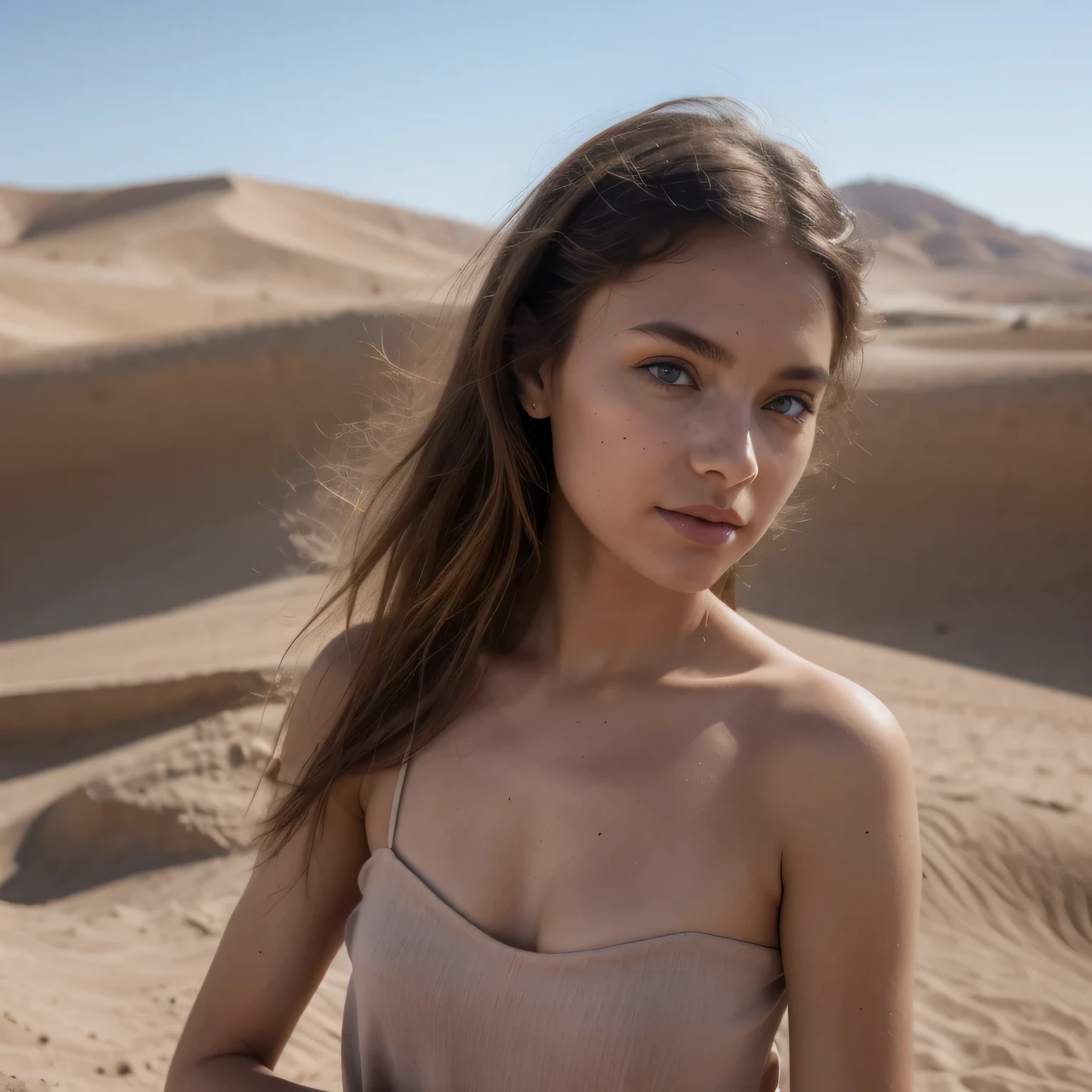 photo of a college student, in Desert Color Coarse Linen Pink,Desert Color Coarse Linen, (freckles:0.8) cute face, sci-fi, dystopian, detailed eyes, Heterochromia eyes((Side view))(Lunar soil)