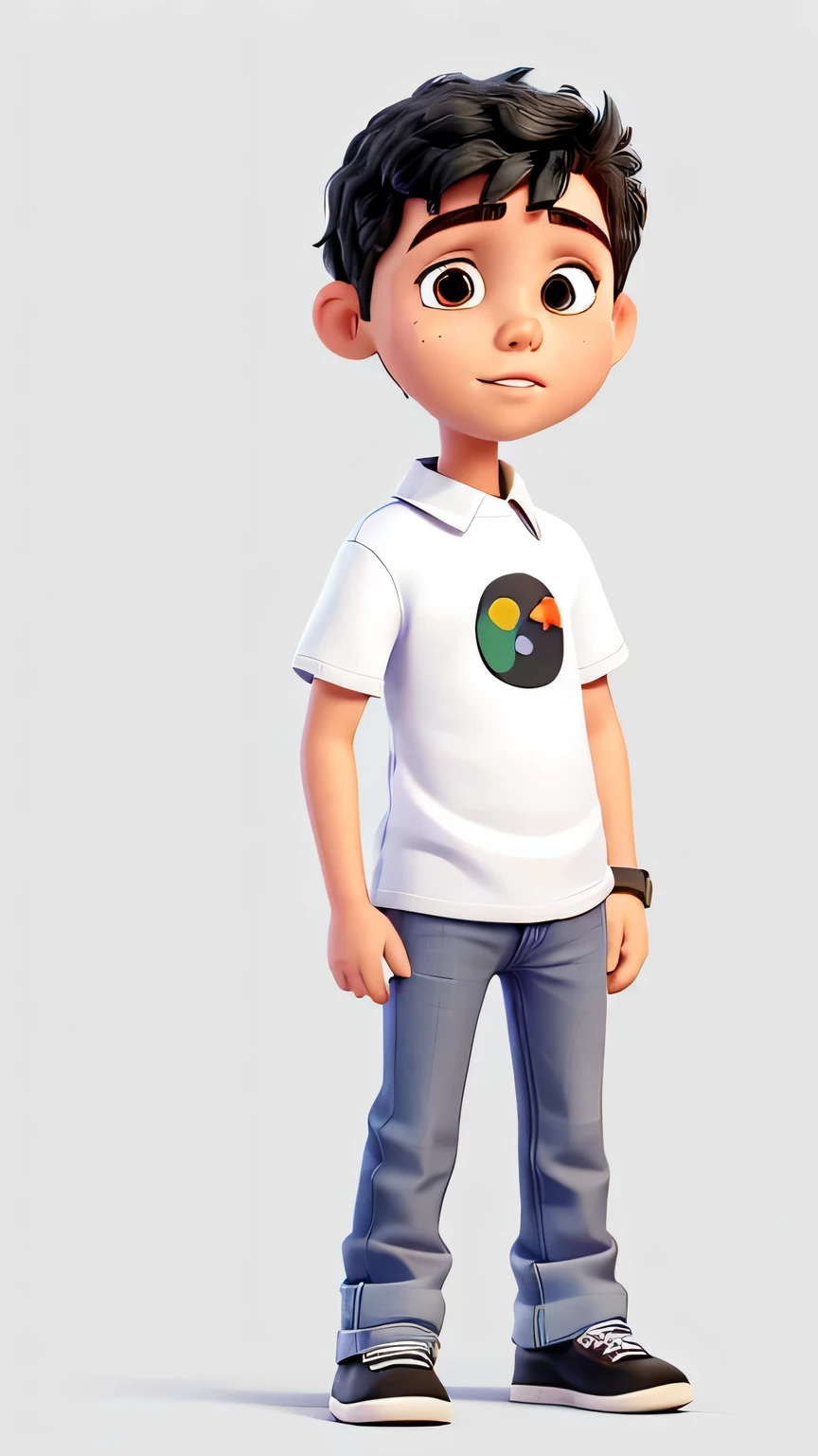 Miguel was a six-year-old autistic boy, he was wearing jeans, a white shirt with a black collar, Miguel was thoughtful. image white background, only the character in the image