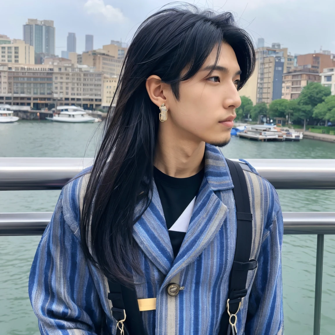 Oriental, 27-year-old male, mixed blue and black hair color, two-block haircut, trimmed on the sides, but with a view of the front, long hair, bunched in the back. He has large, slanted eyes and a high nose. Slender and tall. Looks good on an autobike. Wears open-breasted clothes, sexy. She wears earrings. City view. Mouth is long horizontally.