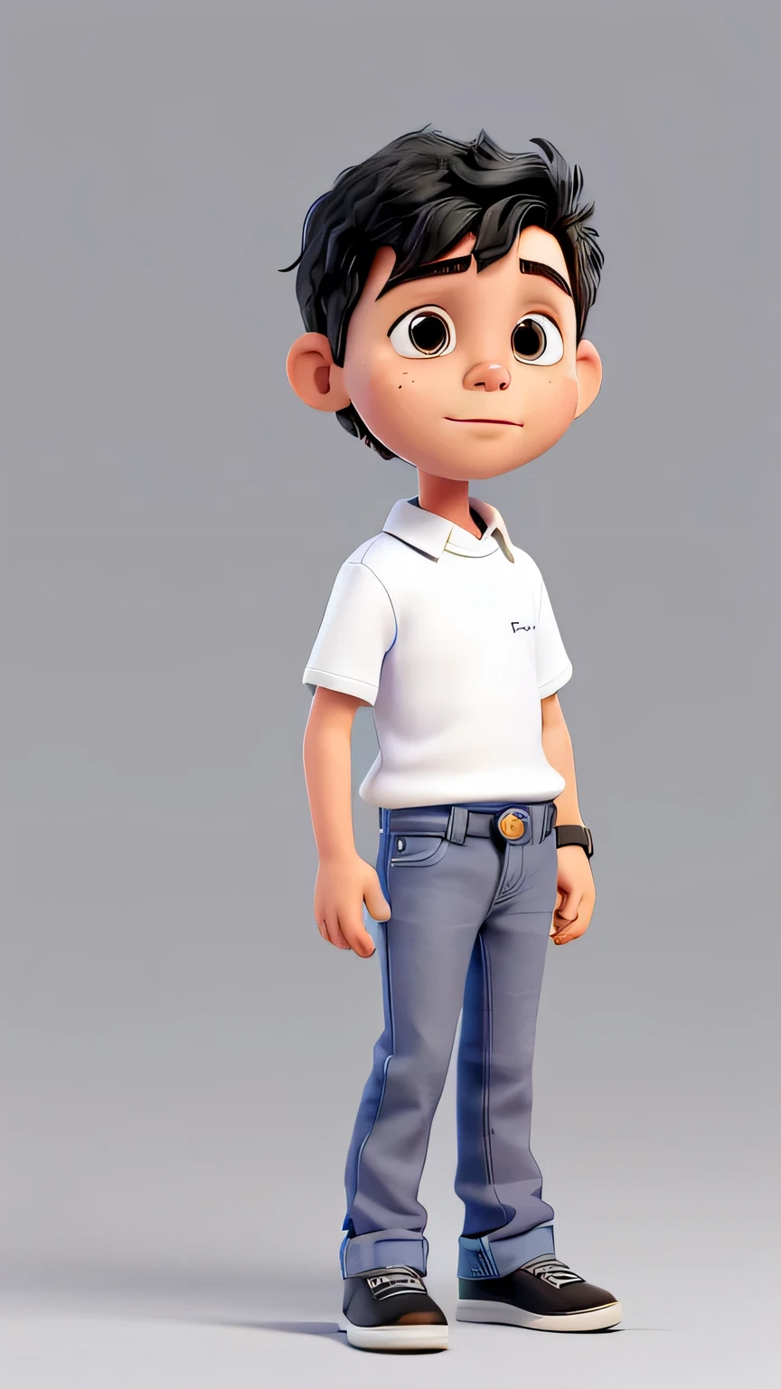 Miguel was a six-year-old autistic boy, he was wearing jeans, a white shirt with a black collar, Miguel was thoughtful.  image white background, only the character in the image
