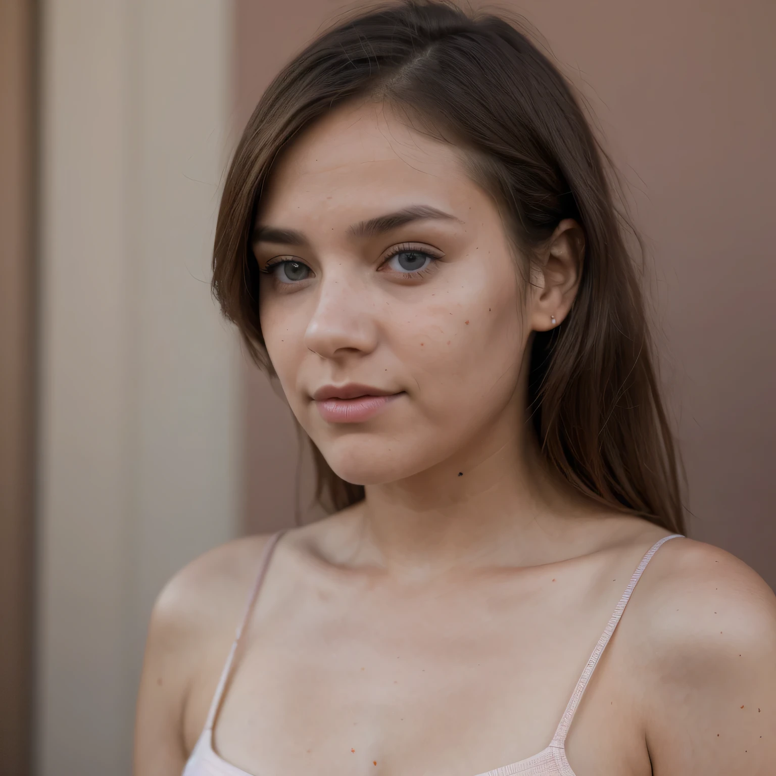 photo of a college student, in Desert Color Coarse Linen Pink,Desert Color Coarse Linen, (freckles:0.8) cute face, sci-fi, dystopian, detailed eyes, Heterochromia eyes((Side view))(Lunar soil)