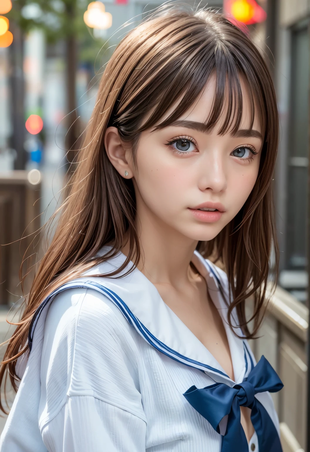 Sailor suit、、A beautiful girl in the world、Shiny skin、sparkle on the cheeks、Bangs between the eyes、光沢のあるシルクと非常に長くてまっすぐなbeautiful天然ブロンド、eyeliner、Sexy and beautiful 35 years old、High resolution, big, beautiful, bright light blue eyes、Beautiful and bright girl、sharp、