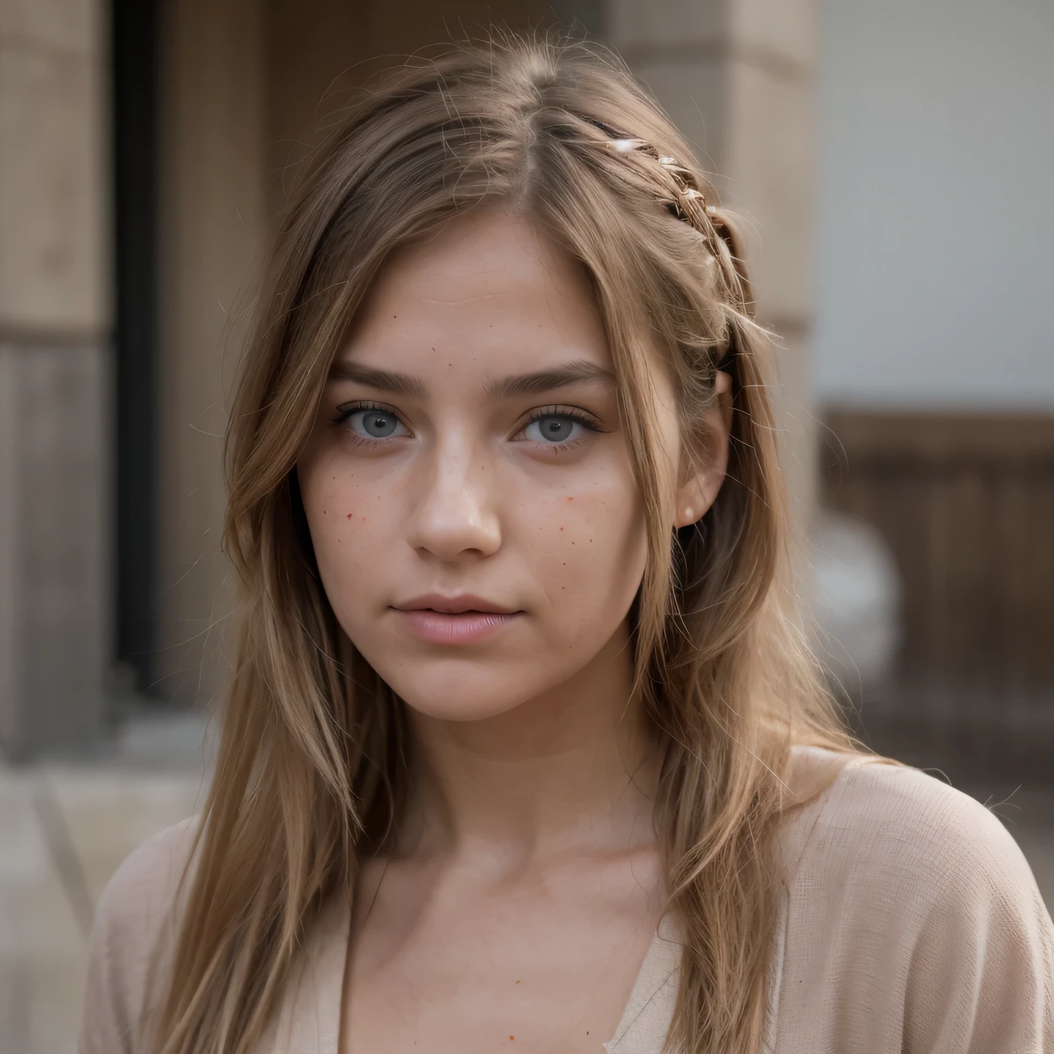 photo of a college student, in Desert Color Coarse Linen Pink,Desert Color Coarse Linen, (freckles:0.8) cute face, sci-fi, dystopian, detailed eyes, Heterochromia eyes（（Side view））