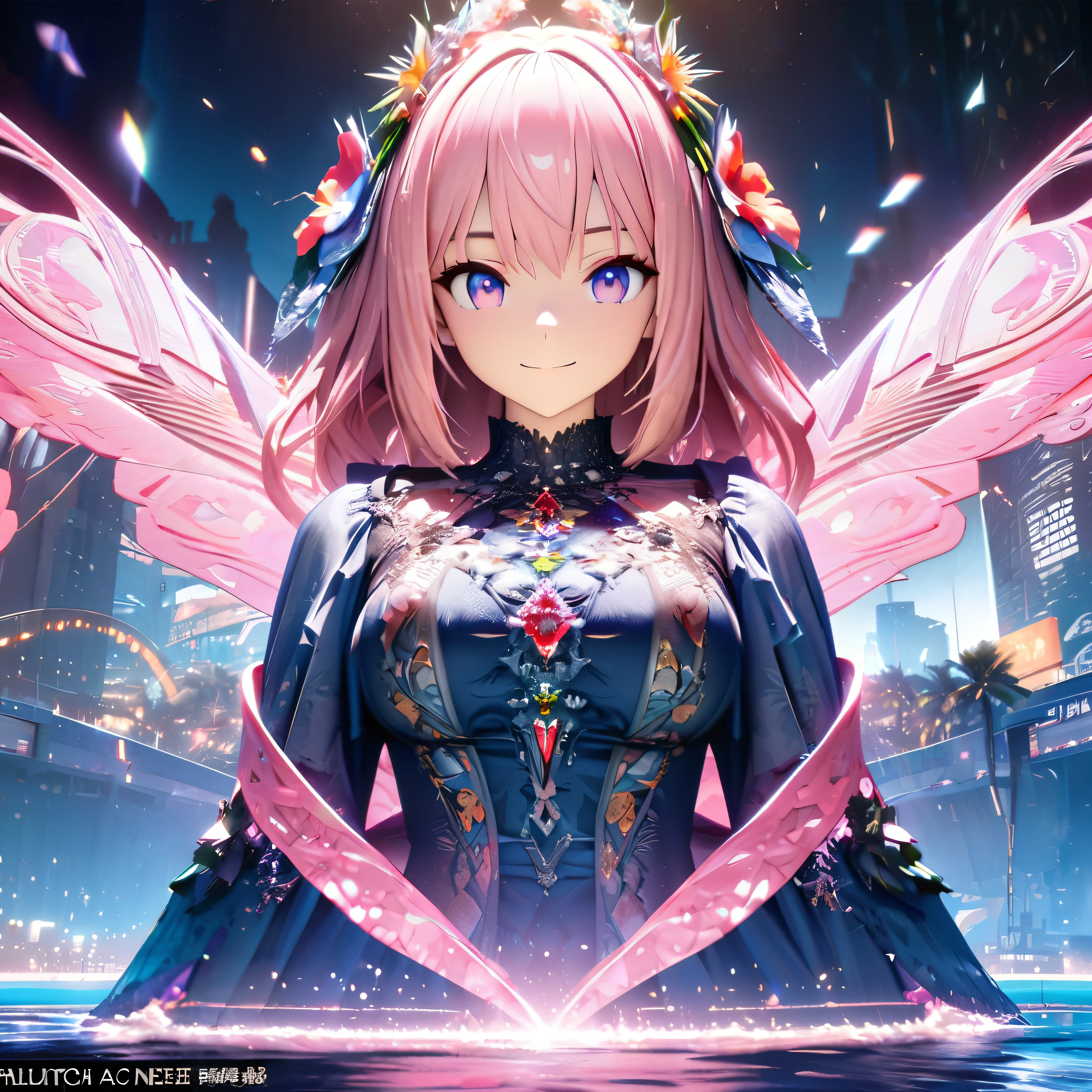 Masterpiece, Best Quality, High Definition, High Resolution, Expensive Resolution, High Definition, 4K, 8k, Unity 8k Wallpaper, High Definition CG, Masterpiece, Real, 2D, 3D, Beautiful Details, Depth, Fine Texture, Super Quality: 1.3 , create an anime-style illustration of a character wearing an elaborate Hawaiian dress decorated with flowers and jewels, with perfect concentration and a bright night beach background. Draw a close-up of the upper body. {{The dress should have multiple layers and a special treatment of ruffles, with gemstones of different colors embedded throughout. }} , The character's pink hair should be long and flowing to complement the intricate design of the dress. The cityscape at night should also be vivid. The streets are lit up in different colors and buzz with lights indicating an active nightlife. Includes light reflections from buildings in the bodies of water in between.With a smile