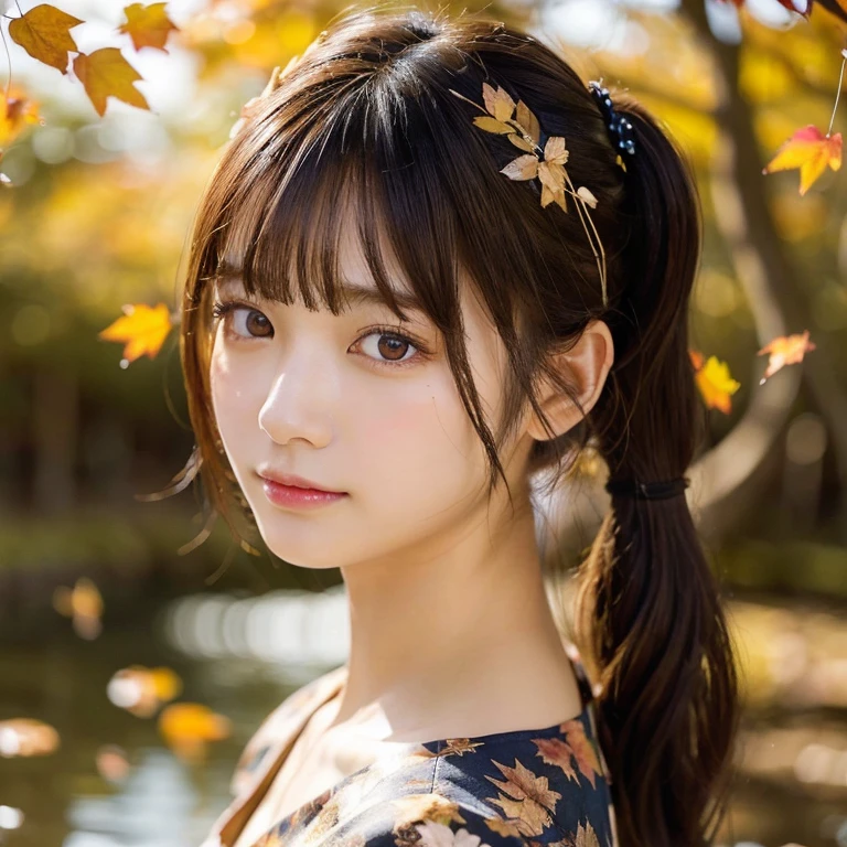(Realistic:1.3), In detail, quality, Rembrandt Lighting, (masterpiece:1.2), (photoRealistic:1.2), (best quality), (Detailed skin:1.3), (Intricate details), dramatic, Ray Tracing, One girl, Cute Japan girl, 21 years old, Detailed skin texture, (blush:0.5), Scattered beneath the surface, Twin tails, bangs, Hair between the eyes, hair ornaments, Floral print, (Bright sunny day, Autumn scenery, Autumn Tree々and leaves, (It was transparent:1.2)),,(Face Focus:1.1),(Face close-up:1.1),Above the clavicle,