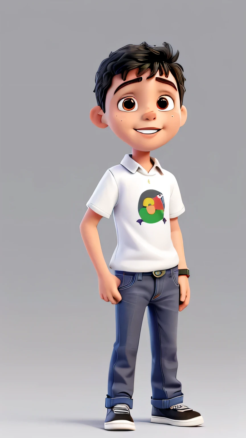 Miguel was a six-year-old autistic boy, he wore jeans, a white shirt with a black collar, Miguel was excited. image white background, only the character in the image