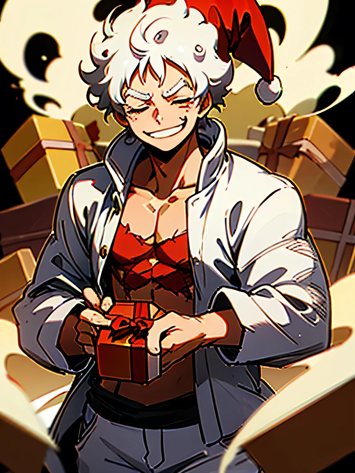 ((christmas gift boxes)),((closed eyes smile)),wanostyle,gear fifth,monkey d. luffy, 1boy, curly eyebrows,gear fifth,straw hat, white hair, white jacket, white shorts, thick eyebrows,open clothes,hat,jacket,long sleeves,red eyes,sanpaku, scar, scar on chest,A muscular man,Pouting,bakery,Has a fun atmosphere,