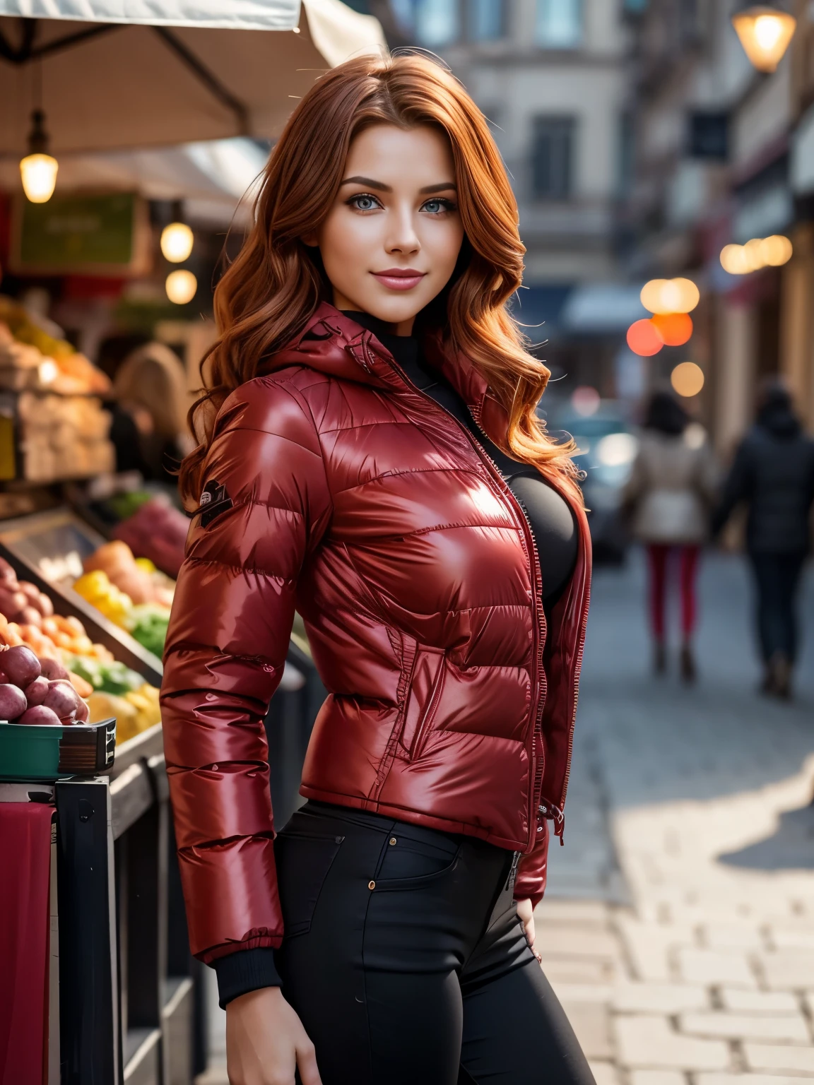 Super Detailed midbody image of gorgeous young woman with red wavy hair, fierce look, (puffer jacket:1.3), standing in a turkish marketplace, perfect make-up, looking away from camera, cannon 6d, octane render, (hand on her hips:1.2), seductive pose, power pose, striking, (smiling:1.3), happy, expressive look, alluring look, determined look, strong eyeliner, mesmerizing eyes, elegant, graceful, natural beauty, magnetic, charismatic, versatile, photogenic, backlit
