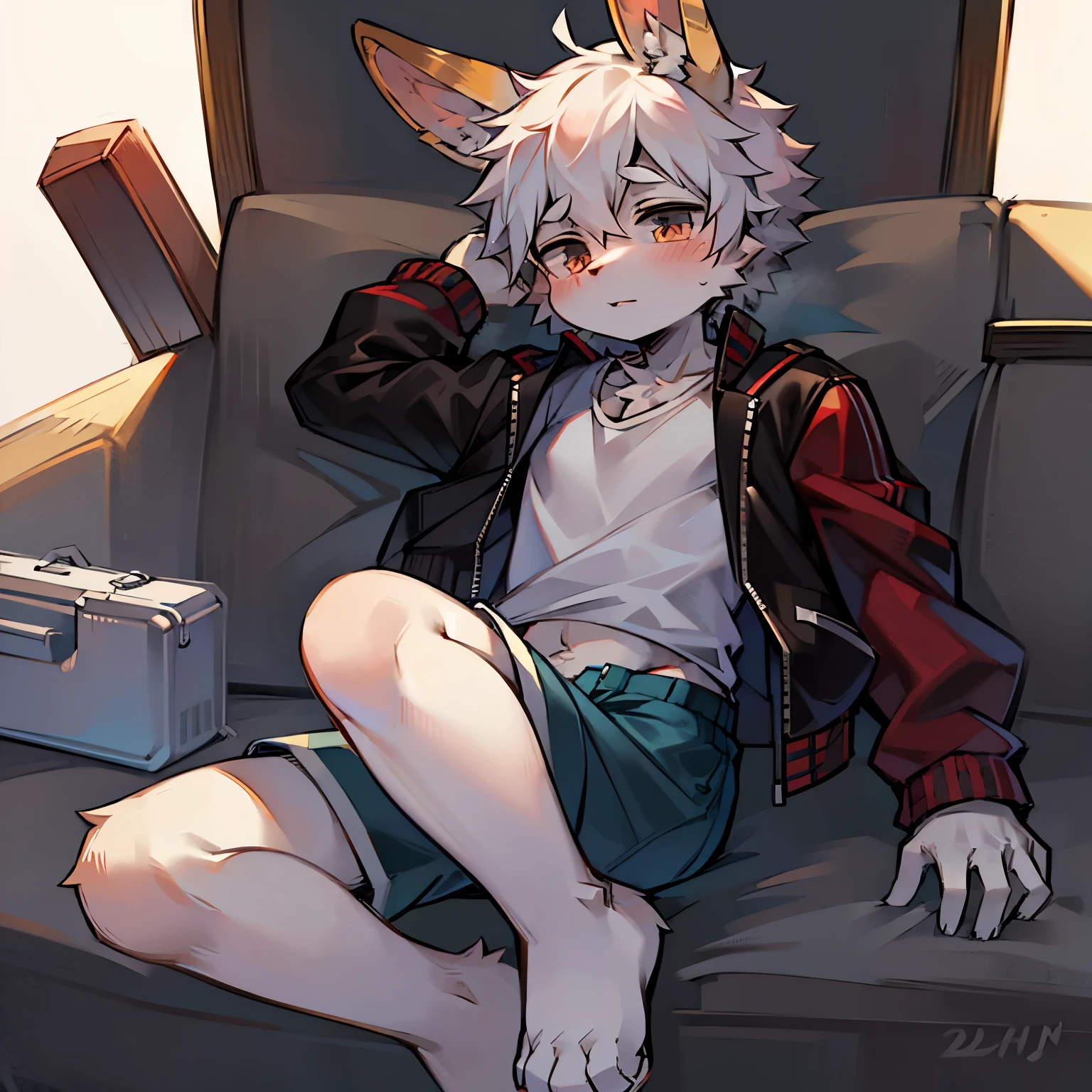 bunny boy,furry men,Sickly,Cute appearance,Short stature,Characteristics of -year-boy,Ser short sleeves with jacket,Shorts don't stand out
