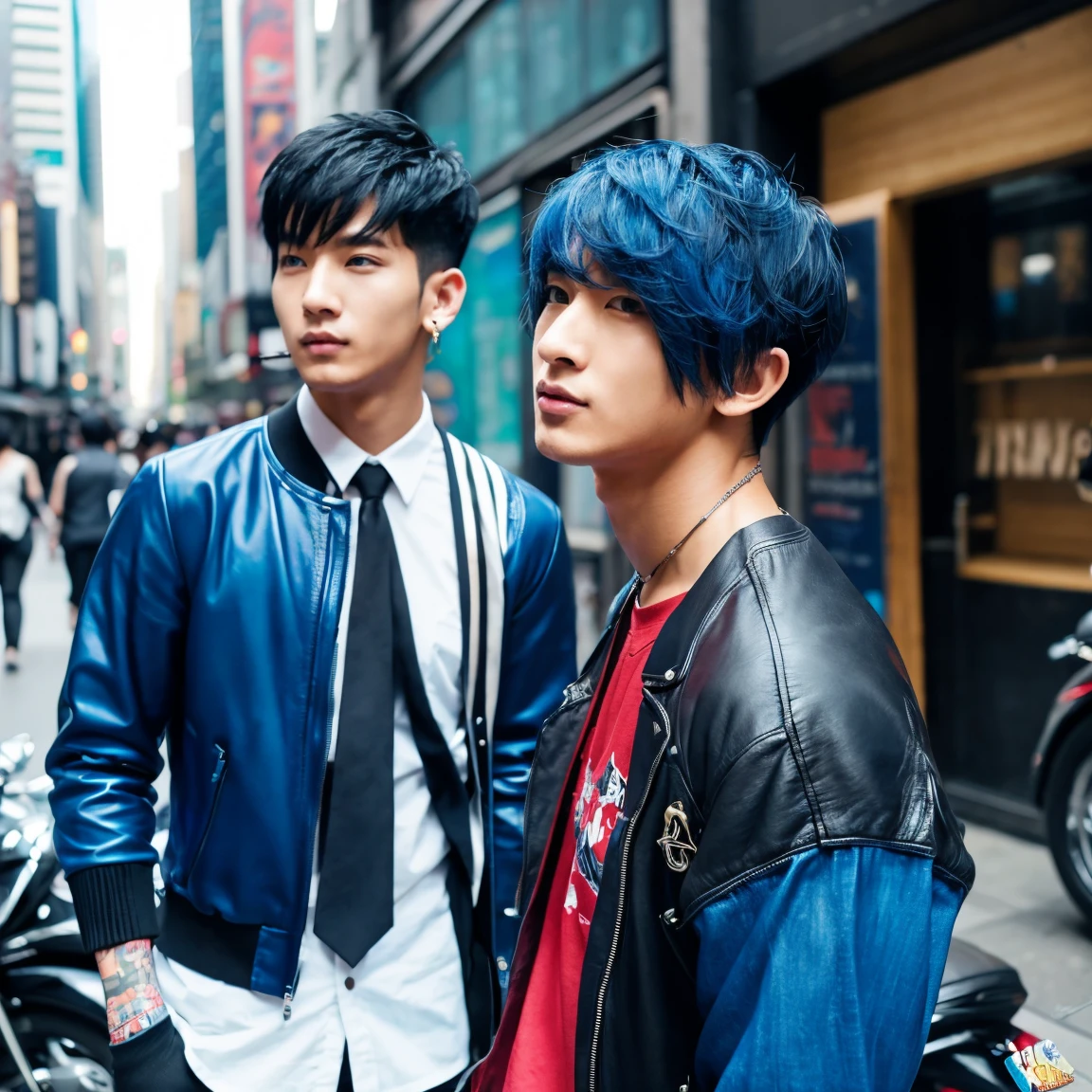 Oriental、27Male、Blue and black mixed hair color、His hair is a two-block style with the sides shaved.、Bangs are beautiful、Long hair tied back。Eyes are large and narrow、The nose is high。Slender tall。Motorcycles look good on you。Wearing open-chested clothing、sexy。Wearing piercings。Cityscape。Mouth is long。