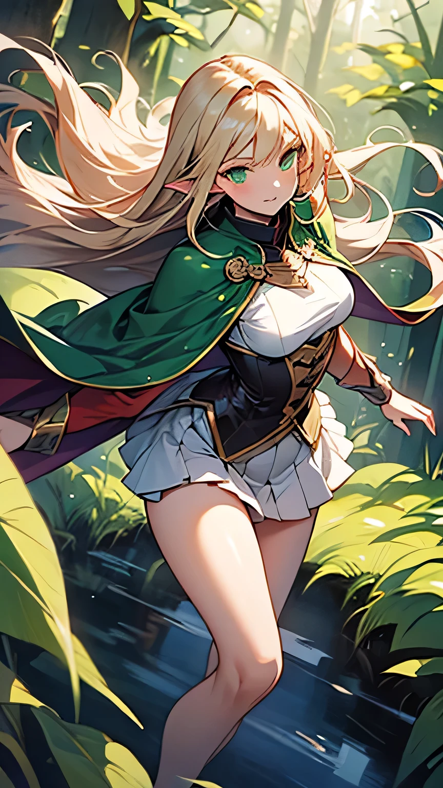 ((Best Quality)),((Beautifully painted)),((hight resolution)),(((Fantasy))),1girl in,((Beautiful woman)),((pointy ear)),White pleated skirt,Blonde long straight hair,K dark green eyes,middlebreasts,Surcourt,Green clothes,Green Cape,Ride the wind through the forest,Flying Wind Spirits,dynamic angle