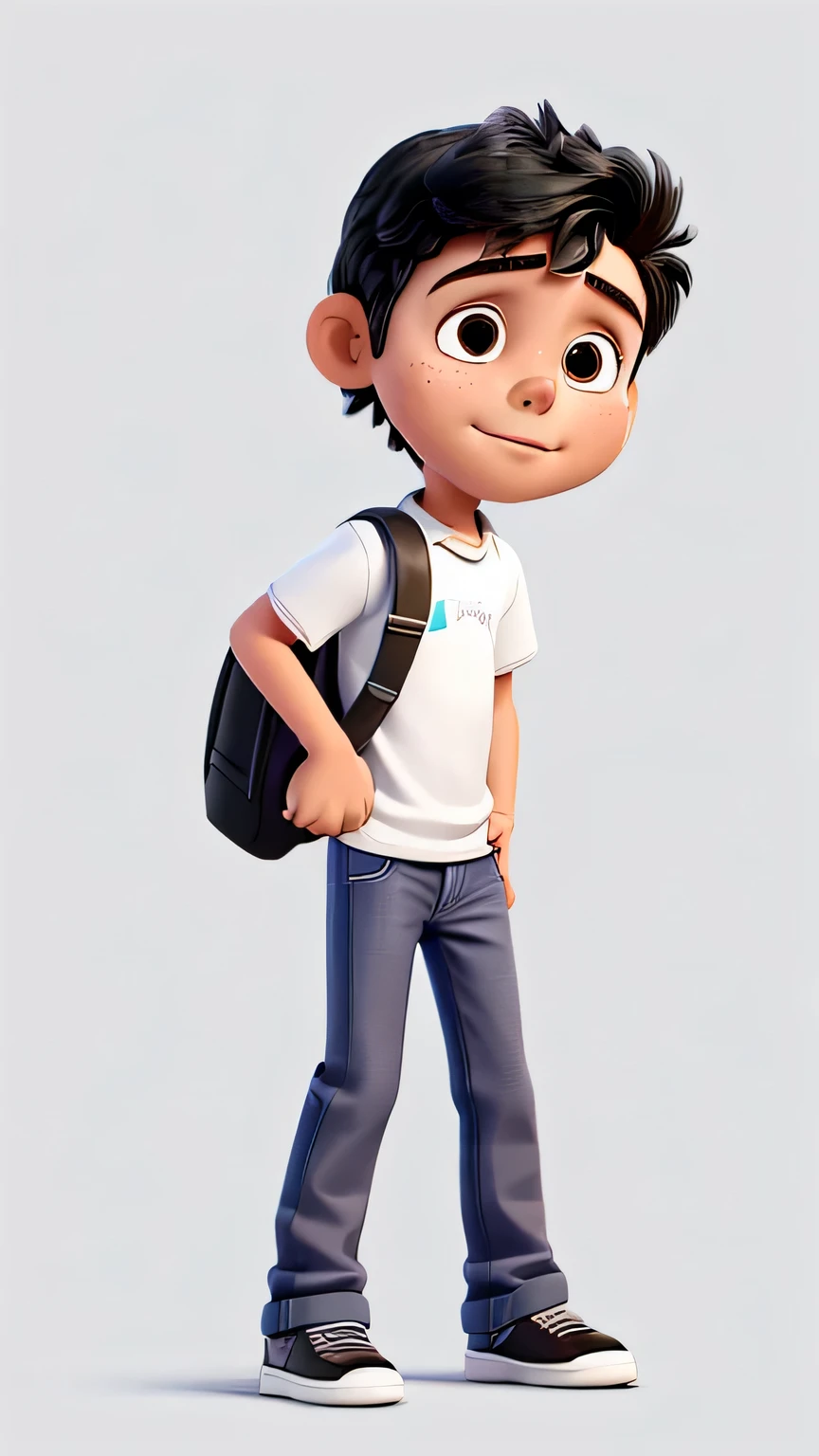Miguel was a six-year-old autistic boy, he was wearing jeans, a white shirt with a black collar, Miguel was bent over. image white background, only the character in the image