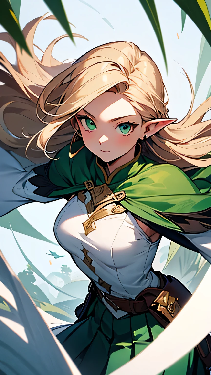 ((Best Quality)),((Beautifully painted)),((hight resolution)),(((Fantasy))),1girl in,((Beautiful woman)),((pointy ear)),White pleated skirt,Blonde long straight hair,K dark green eyes,middlebreasts,Surcourt,Green clothes,Green Cape,Ride the wind through the forest,Flying Wind Spirits,dynamic angle