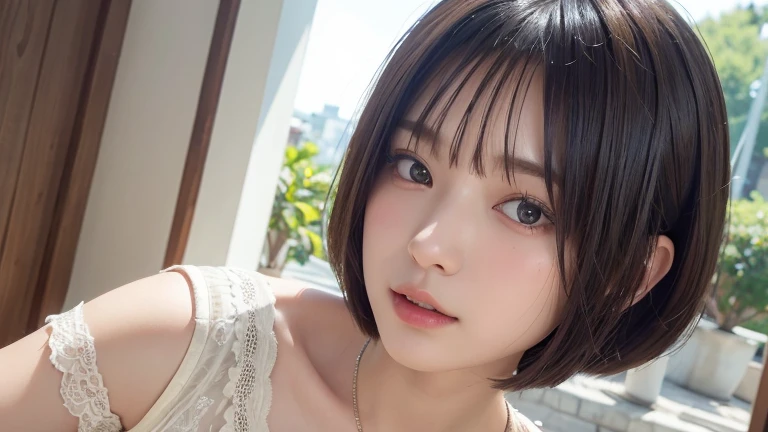 (Bob Cut Hair, profile:1.2),(Wearing a necklace, Wearing a blouse:1.2),1 girl,Japanese,21 years old,(Small breasts:1.3),(highest quality,masterpiece:1.3,超A high resolution,),(Ultra-detailed,Caustics),(Photorealistic:1.4,RAW shooting,)Ultra-Realistic Capture,Very detailed,High resolution 16K human skin close-up。 Natural skin texture、,Pores、、It needs to be detailed enough to be easily identifiable。 Skin should be even-toned and healthy looking。 Use natural light and colour, Sad expression, Looking at the camera, Perfect dynamic composition, Outdoor