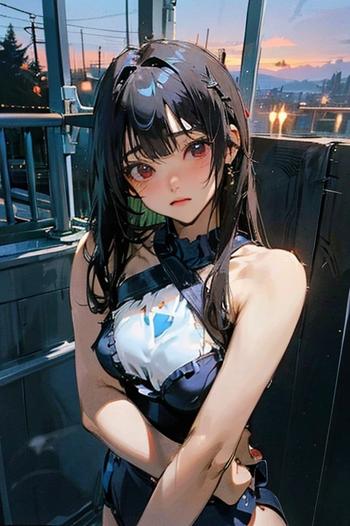 (Soft saturation:1.3)、(Light skin:1.2)、(非常にDetailed Background、Detailed Background)、The composition is symmetrical、Staring straight at me with serious eyes、break,(Blue swimsuit)、(Blue Bikini)、Medium breast、Strong light、(teenager:1.3)、(Cowboy Shot:1.2)、Frontal break angle、Dynamic Pose、、Illuminated by the setting sun、Typical Mediterranean house interior、In her late teens with red eyes and black hair、Bust 84cm、Waist 57cm、Beautiful girl with 83cm hips