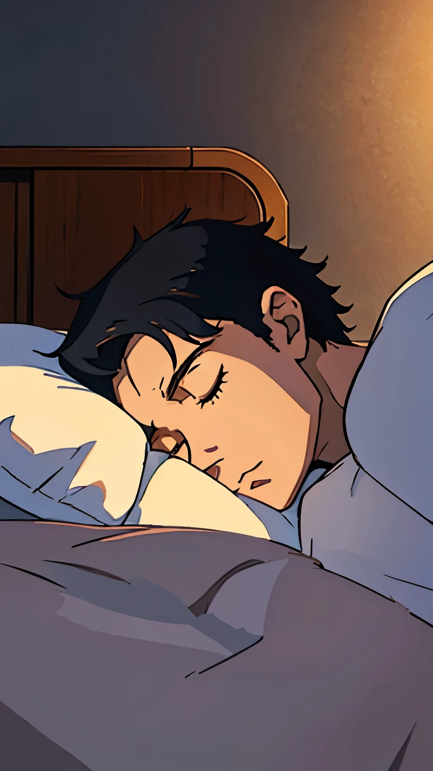 Top and distant view. Young man sleeping in bed in the morning. Pillow above the head. Not wanting to be disturbed.