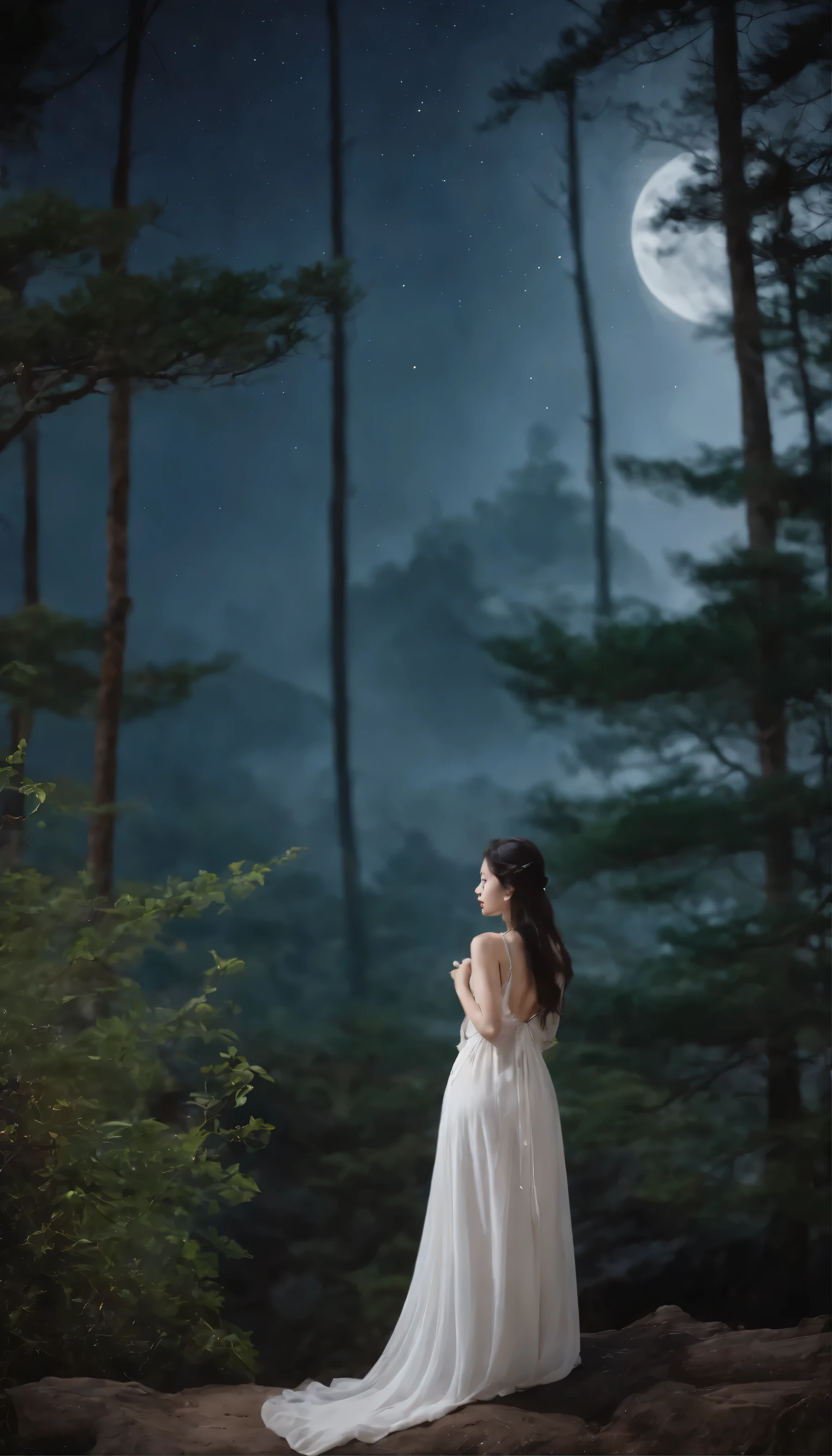 (masterpiece:1.1)、(highest quality:1.1)、 Athena Asamiya in a lovely flowing dress(1girl)The lonely figure of、This is an exquisite piece。Long, lustrous black hair cascading down her back、wood々It captures the moonlight filtering through the gaps in the。Beautiful outdoor background、wood々casts a complex shadow on the ground.、Depicts a serene forest environment revealing a panoramic shot of serenity。Ink splashes and colorful accents、Enhances stunningly detailed illustrations、It creates a mysterious atmosphere。The night sky is studded with stars、Vividly painted