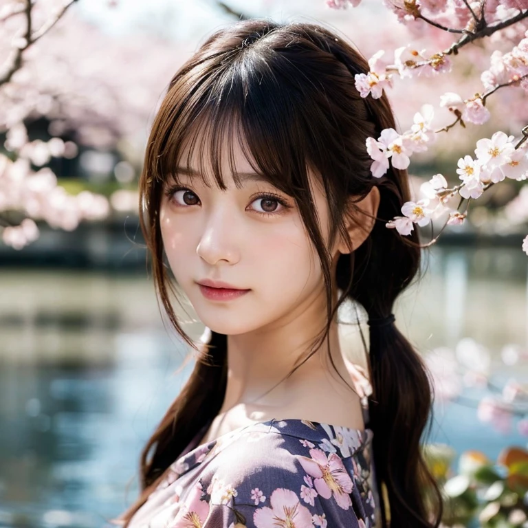 Beautiful Japan JK(Realistic:1.3), Rembrandt Lighting, (masterpiece:1.2), (photoRealistic:1.2), (highest quality), (Detailed skin:1.3), (Intricate details), dramatic, Ray Tracing,One girl, Japanese Girls, 21 years old, Detailed skin texture, (blush:0.5), Scattered beneath the surface, Front of face, bangs, Hair between the eyes, Twin tails, Floral print, Autumn scenery, Plum blossom, (It was transparent:1.2), Pop Idol,