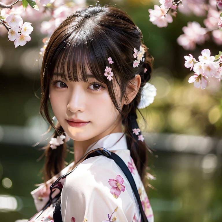 Beautiful Japan JK(Realistic:1.3), Rembrandt Lighting, (masterpiece:1.2), (photoRealistic:1.2), (highest quality), (Detailed skin:1.3), (Intricate details), dramatic, Ray Tracing,One girl, Japanese Girls, 21 years old, Detailed skin texture, (blush:0.5), Scattered beneath the surface, Front of face, bangs, Hair between the eyes, Twin tails, Floral print, Autumn scenery, Plum blossom, (It was transparent:1.2), Pop Idol,