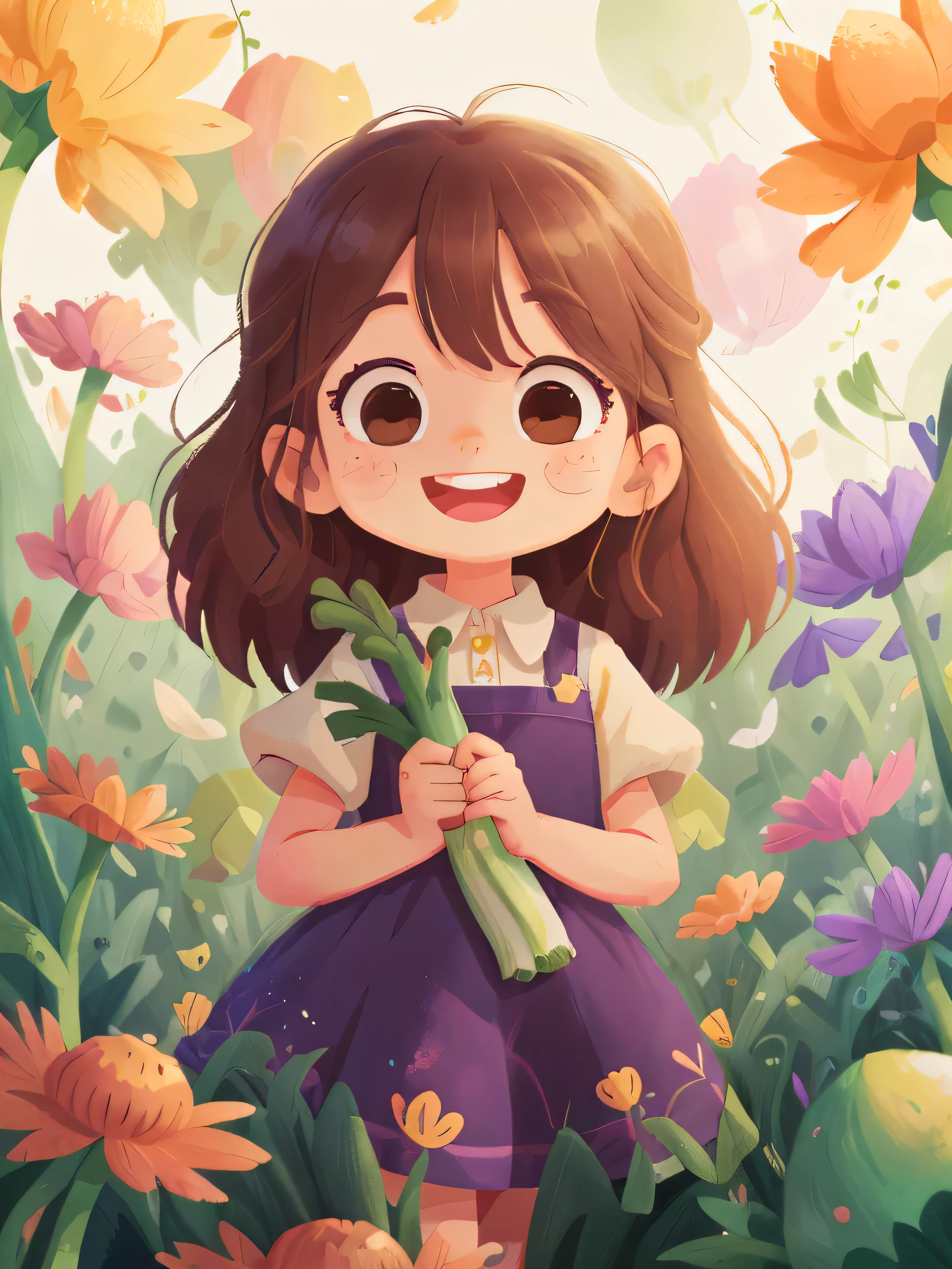 A girl holding a long onion，Brown hair，Wearing a purple dress，Happy, Happy，Smile，White fluffy dandelions floating in the sky，White background，Color illustrations for children，sticker，Vector Style, No rating，perfect quality, Be focused (Clutter - Home: 0.8), (masterpiece: 1.2) (Practical: 1.2) (Bokeh) (best quality) (Delicate skin: 1.3) (Intricate details) (8k) (Delicateeyes) (Clear focus), (Happy)