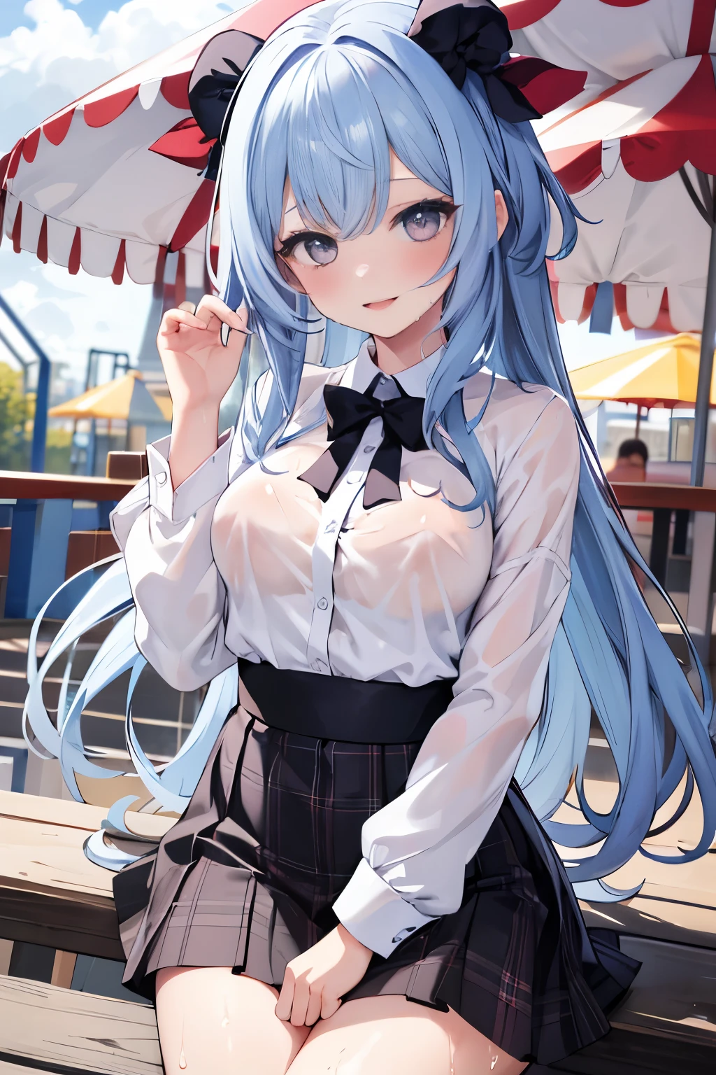 masterpiece, best quality, High resolution, 1 girl, hair, long hair, Bangs, Medium breasts,  Wet white shirt, Black skirt, Plaid skirt, Smile, amusement park，Expose the vagina，No cover, no underwear，Expose the vagina，No cover, no underwear，A coquettish expression