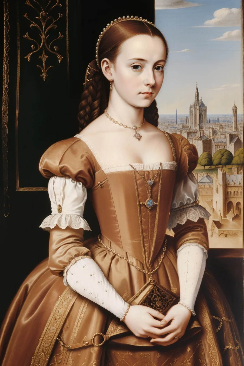 Paris, 1561. A young ((((18-year-old)) Mary Stuart)), beautiful, charming, regal, in a palace, ((worried expression)), ((((clothings from the 1560s)))), ((hairstyle of the 1560s)), pastel colors, colorful, realistic