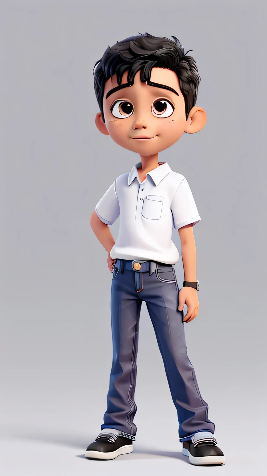 Miguel was a six-year-old autistic boy, he was wearing jeans, a white shirt with a black collar, Miguel was bent over. image white background, only the character in the image