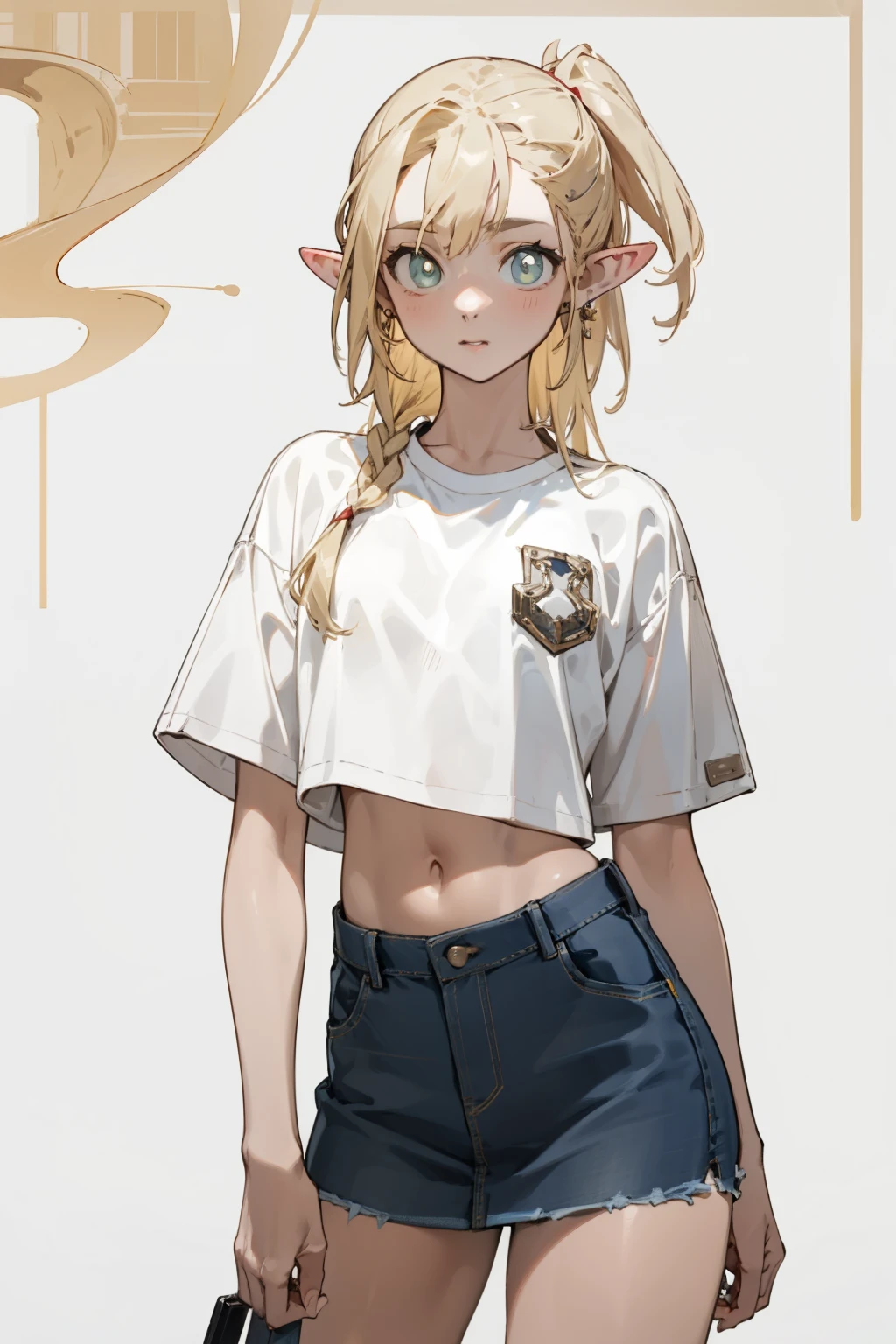 (masterpiece, best quality) detailed,silver accessories , Blonde ,elegant, Pointed ears ，Chinese element pattern，Wear a white shirt and denim skirt,ripped cropped T-shirt,Navel exposed, 