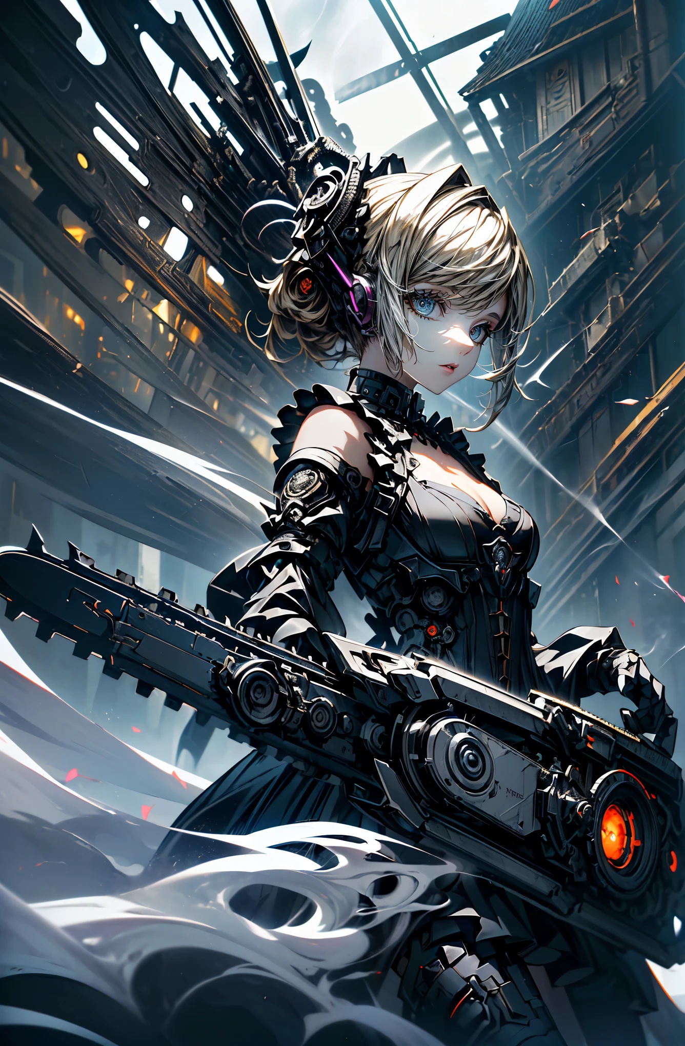 super high quality、8K quality、High resolution、Image quality captured with a single-lens reflex camera、(SFW)、Perfect Anatomy、(1. The theme is a gothic punk girl in a black dress）Beautiful blonde 20 year old girl.Orange eyes、(Good shape、Normal chest、Cleavage)、(Black mechanical parts for arms and legs、Three-dimensional, realistic mechanical parts)(Mechanical parts wing on the back)(Equipped with a chainsaw:1.2)break、（Perfect Anatomy:1.4）break(Back view、Looking back、avert your eyes:1.3)Petals fluttering(A battlefield of rising smoke、Twilight Girl:1.5)