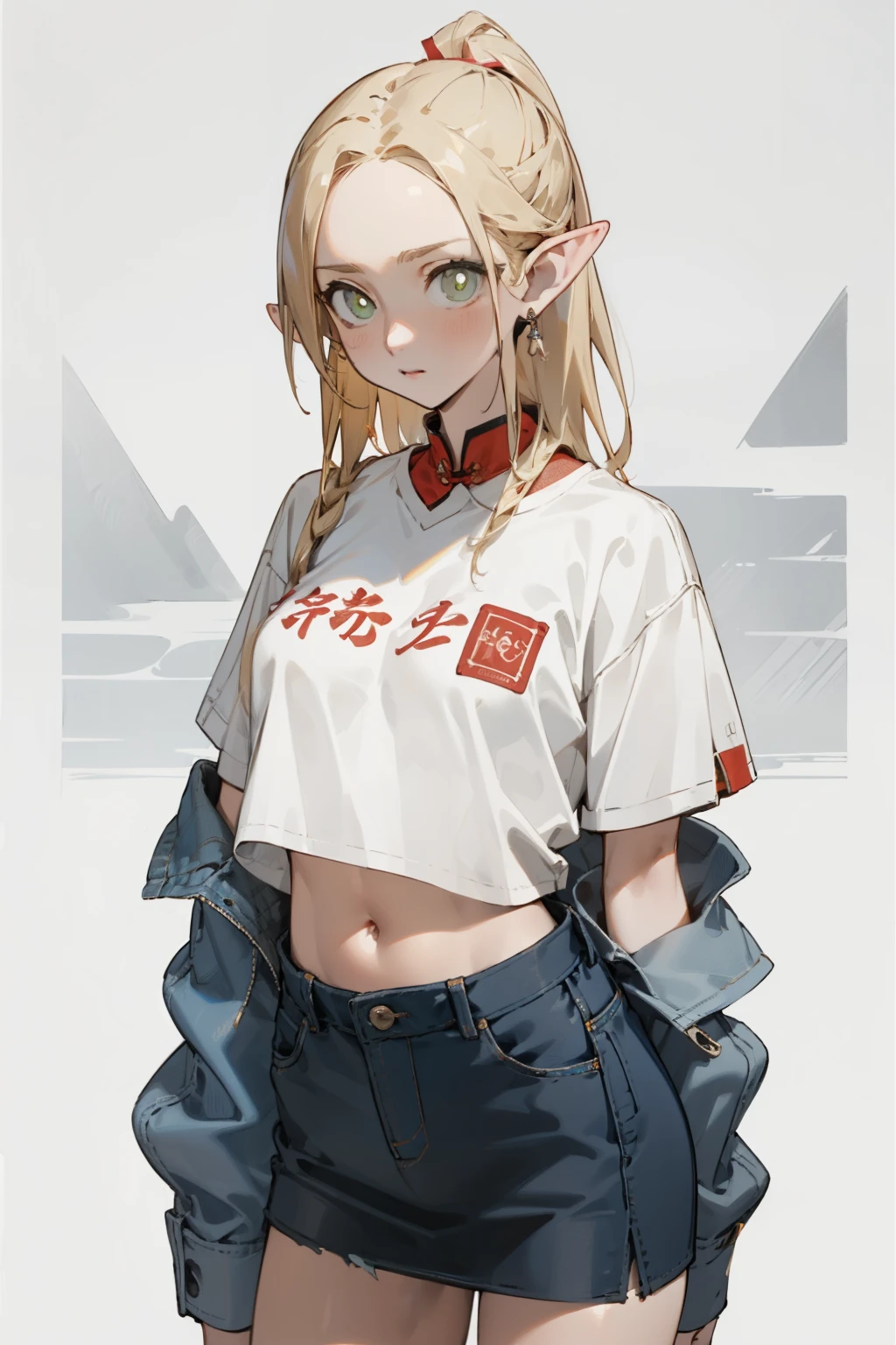 (masterpiece, best quality) detailed,silver accessories , Blonde ,elegant, Pointed ears ，Chinese element pattern，Wear a white shirt and denim skirt,ripped cropped T-shirt,Navel exposed, 