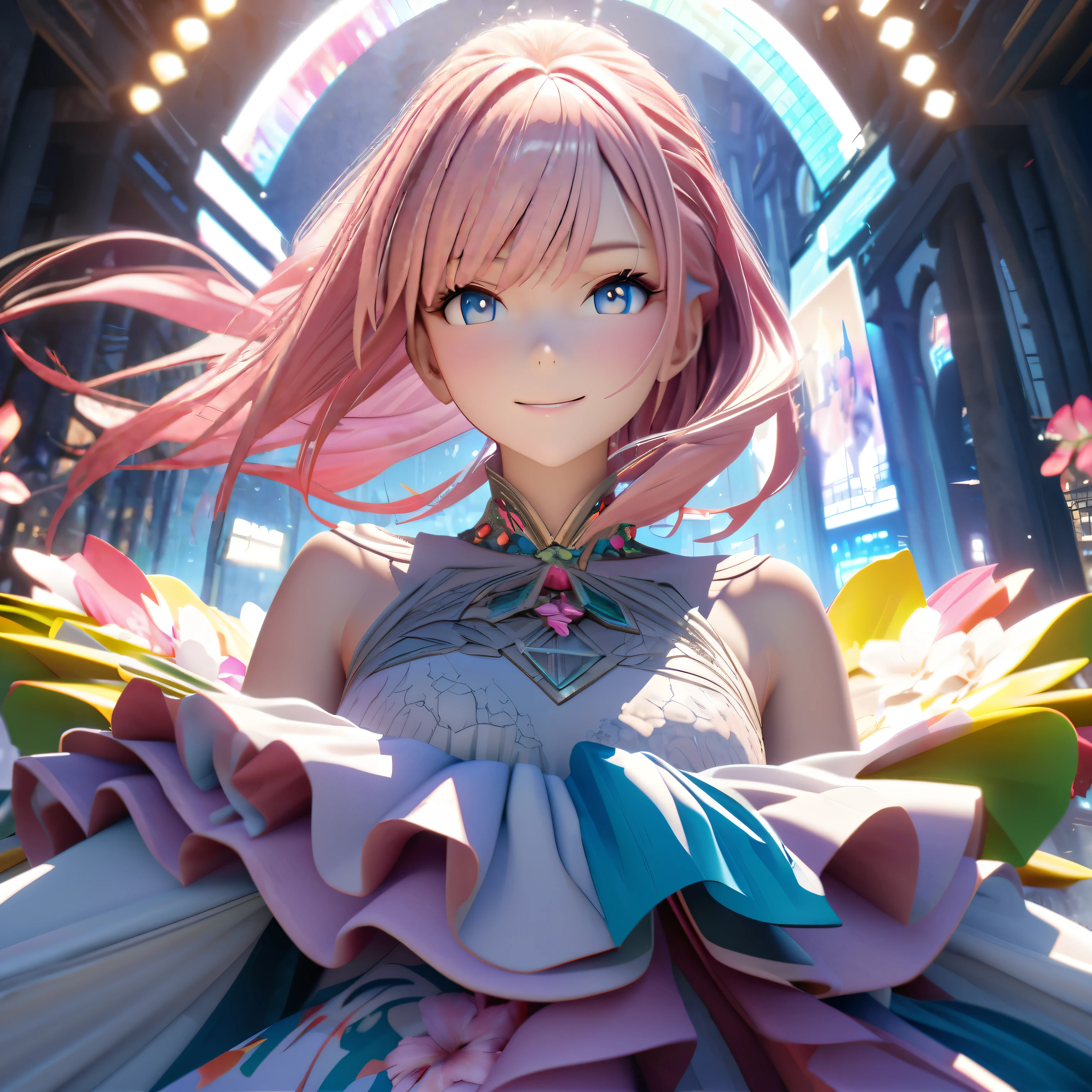Masterpiece, Best Quality, High Definition, High Resolution, Expensive Resolution, High Definition, 4K, 8k, Unity 8k Wallpaper, High Definition CG, Masterpiece, Real, 2D, 3D, Beautiful Details, Depth, Fine Texture, Super Quality: 1.3 , create an anime-style illustration of a character wearing an elaborate Hawaiian dress decorated with flowers and jewels, with perfect concentration and a bright night beach background. Draw a close-up of the upper body. {{The dress should have multiple layers and a special treatment of ruffles, with gemstones of different colors embedded throughout. }} , The character's pink hair should be long and flowing to complement the intricate design of the dress. The cityscape at night should also be vivid. The streets are lit up in different colors and buzz with lights indicating an active nightlife. Includes light reflections from buildings in the bodies of water in between.With a smile