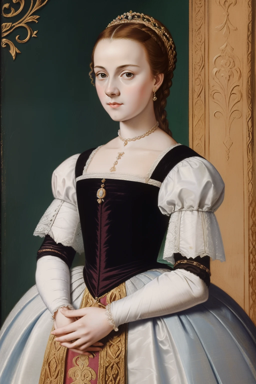 Paris, 1561. A young ((((18-year-old)) Mary Stuart)), beautiful, charming, regal, in a palace, ((worried expression)), ((((clothings from the 1560s)))), ((hairstyle of the 1560s)), pastel colors, colorful, realistic