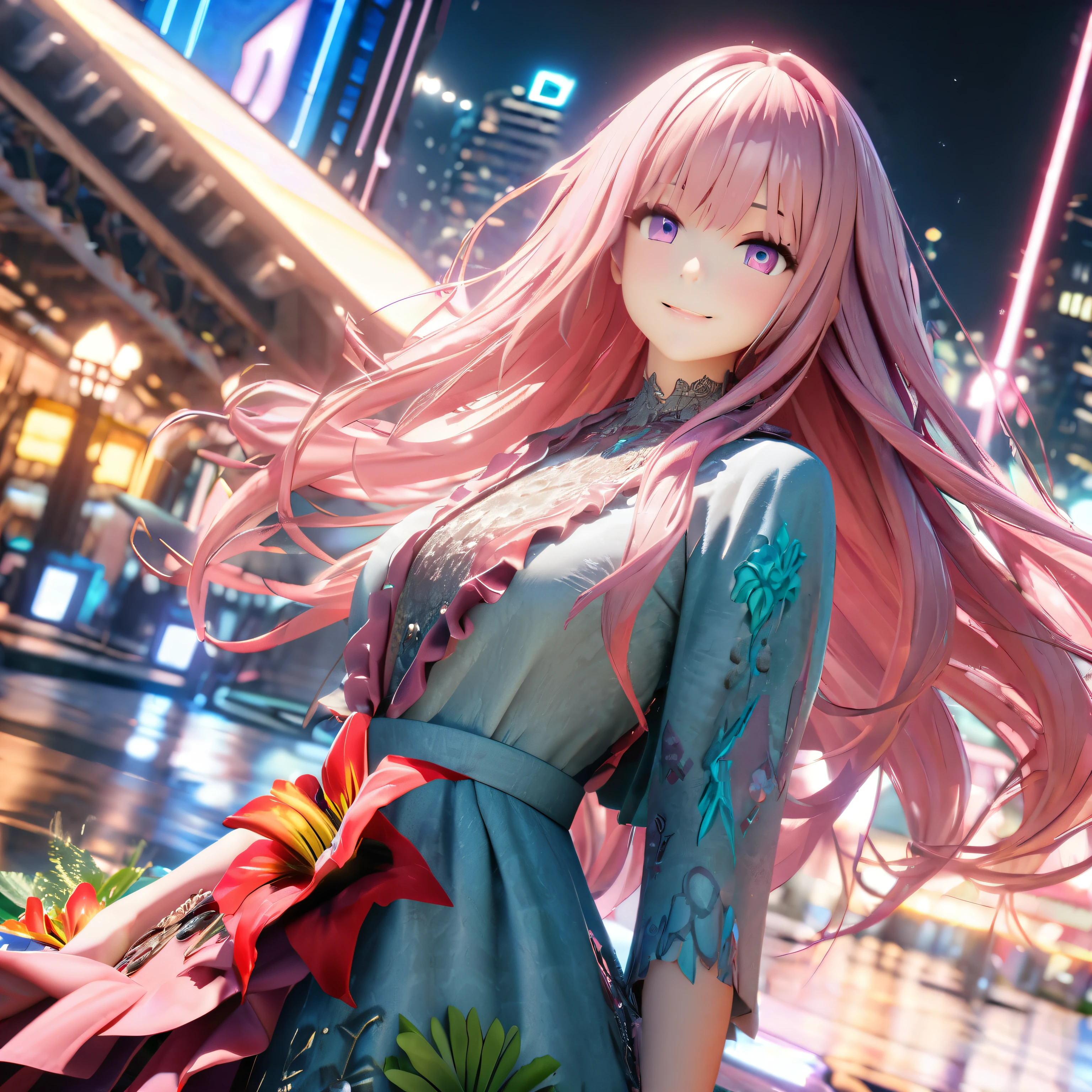 Masterpiece, Best Quality, High Definition, High Resolution, Expensive Resolution, High Definition, 4K, 8k, Unity 8k Wallpaper, High Definition CG, Masterpiece, Real, 2D, 3D, Beautiful Details, Depth, Fine Texture, Super Quality: 1.3 , create an anime-style illustration of a character wearing an elaborate Hawaiian dress decorated with flowers and jewels, with perfect concentration and a bright night beach background. Draw a close-up of the upper body. {{The dress should have multiple layers and a special treatment of ruffles, with gemstones of different colors embedded throughout. }} , The character's pink hair should be long and flowing to complement the intricate design of the dress. The cityscape at night should also be vivid. The streets are lit up in different colors and buzz with lights indicating an active nightlife. Includes light reflections from buildings in the bodies of water in between.With a smile