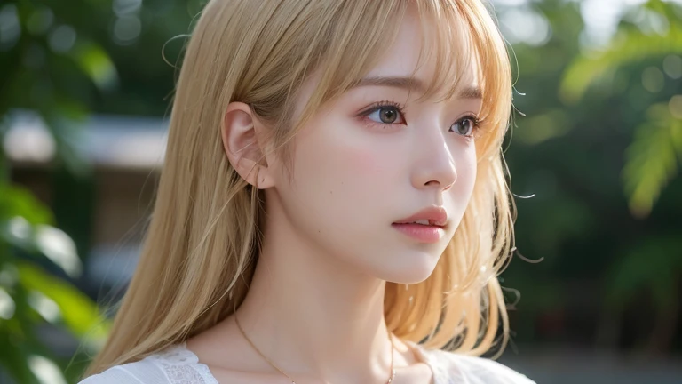 (Long Hair, bangs, Blonde Hair, profile:1.2),(Wearing a necklace, Wearing a blouse:1.2),1 girl,Japanese,21 years old,(Small breasts:1.3),(highest quality,masterpiece:1.3,超A high resolution,),(Ultra-detailed,Caustics),(Photorealistic:1.4,RAW shooting,)Ultra-Realistic Capture,Very detailed,High resolution 16K human skin close-up。 Natural skin texture、,Pores、、It needs to be detailed enough to be easily identifiable。 Skin should be even-toned and healthy looking。 Use natural light and colour, Sad expression, Looking at the camera, Perfect dynamic composition, Outdoor