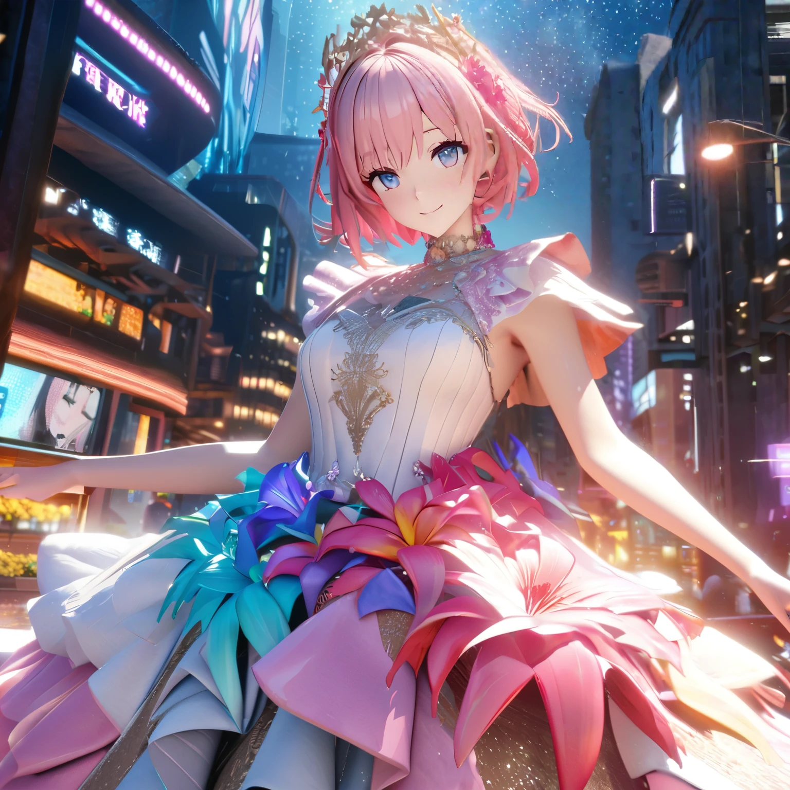 Masterpiece, Best Quality, High Definition, High Resolution, Expensive Resolution, High Definition, 4K, 8k, Unity 8k Wallpaper, High Definition CG, Masterpiece, Real, 2D, 3D, Beautiful Details, Depth, Fine Texture, Super Quality: 1.3 , create an anime-style illustration of a character wearing an elaborate Hawaiian dress decorated with flowers and jewels, with perfect concentration and a bright night beach background. Draw a close-up of the upper body. {{The dress should have multiple layers and a special treatment of ruffles, with gemstones of different colors embedded throughout. }} , The character's pink hair should be long and flowing to complement the intricate design of the dress. The cityscape at night should also be vivid. The streets are lit up in different colors and buzz with lights indicating an active nightlife. Includes light reflections from buildings in the bodies of water in between.With a smile