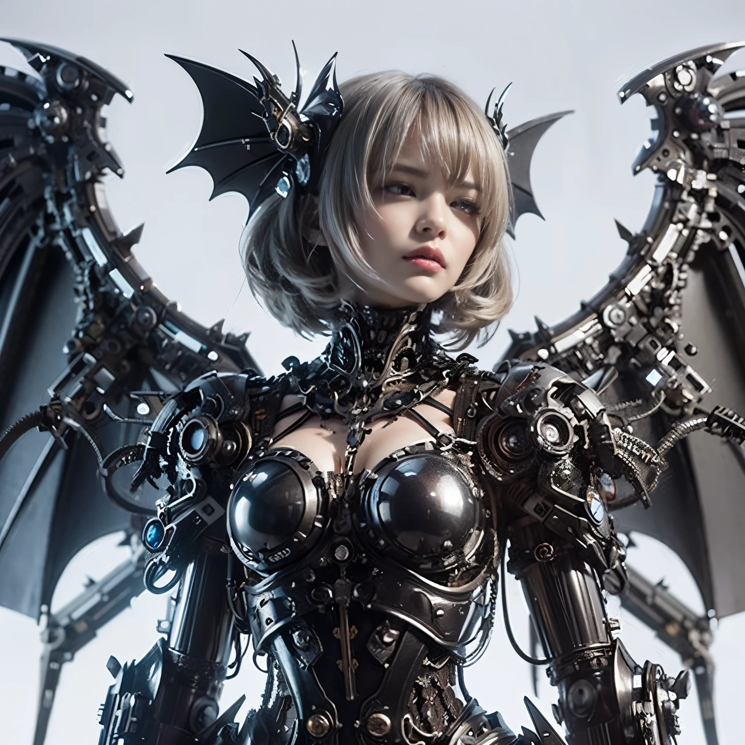 (top-quality:1.2, masterpiece)、ultra high resolution、extremely ultra surrealism, (Photorealsitic:1.4)、Raw photo、(Steampunk Battle Cyborg fallen angel)、large wings made of metal、black porcelain body、red  hair、glowy skin、1 Cyborg girl、(mechanical frame:1.3)japanese, extremely cute face,  ((super realistic details))、portrait、globalillumination、Shadow、octan render、8K、ultrasharp、character edge light、Details of complex ornaments、Acrylic Clear Cover、Sumerian details、Hydraulic cylinder、Small LED lamp、highly intricate detail、Realistic light、a purple eye、radiant eyes、Facing the camera、neon details、cowboy  shot、Futuristic headgear、About Cyberpunk