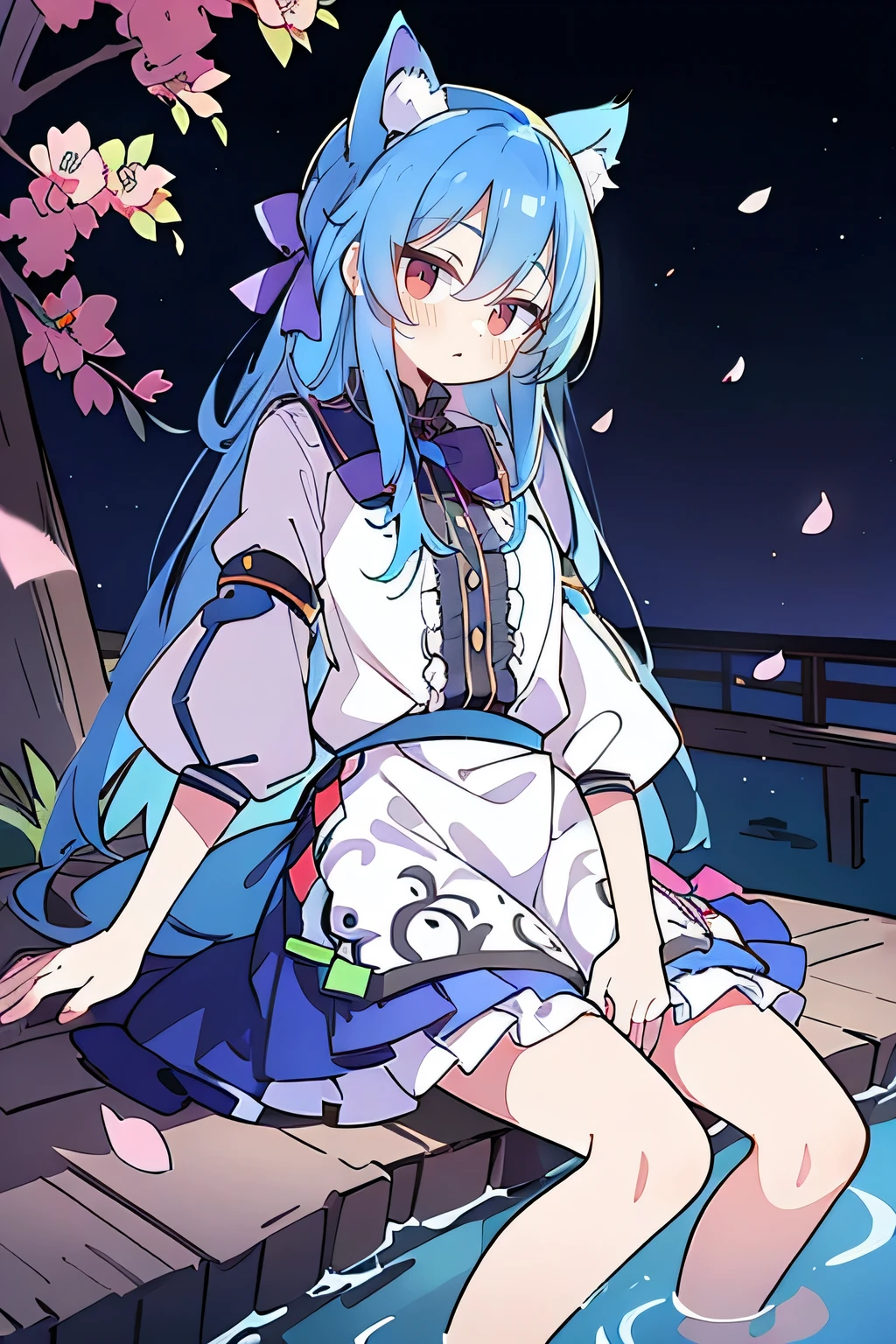 (masterpiece:1.2),ultra-detailed,realistic,expressive eyes,fair-skinned,perfectly shaped face,1girl,
Japanese cartoons,Gorgeous blue hair, flowing blue hair,floating clothes,cat ears,petals falling,beautiful Lola,Hina Angel,
hands on waist,gracefully sitting on the ground,legs crossed,gentle and serene background,cool and comfortable pavilion,shy face ,night .