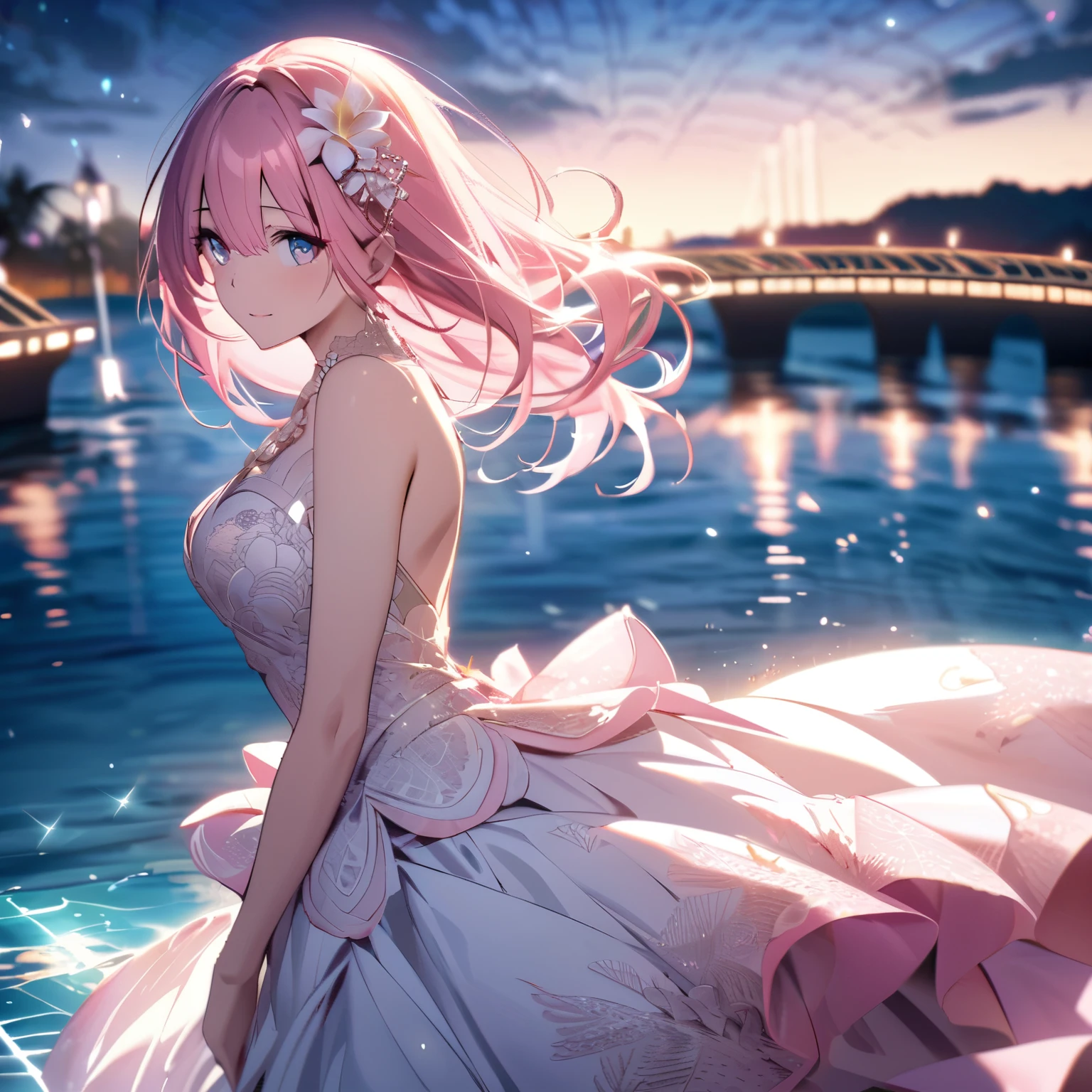 "A beautiful woman with long pink hair and beautiful eyes wearing an elegant and detailed Hawaiian dress. The dress should have intricate designs and patterns to give it a luxurious and luxurious feel. In the background, there is a water surface. It should depict a romantic Hawaiian beach at night with light reflections and an illuminated bridge crossing the scene.The image should emphasize a sparkling effect throughout the image to enhance the dreamlike atmosphere. Add special ruffles to make it stand out.