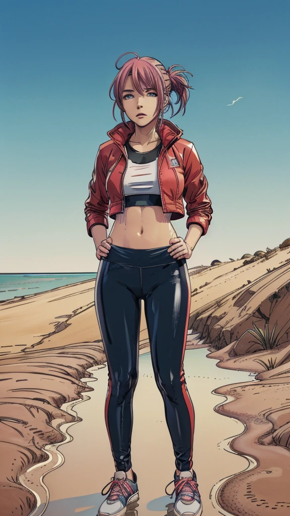 (best quality, highres), (vector image), (close-up), (anime), (junior girl), (colored hair), (gloomy orgasm), (blush), (sporty wetlook leggings), (sporty top), (near quicksand bog), (red), (blue), (sneakers), down jacket, seductive standing