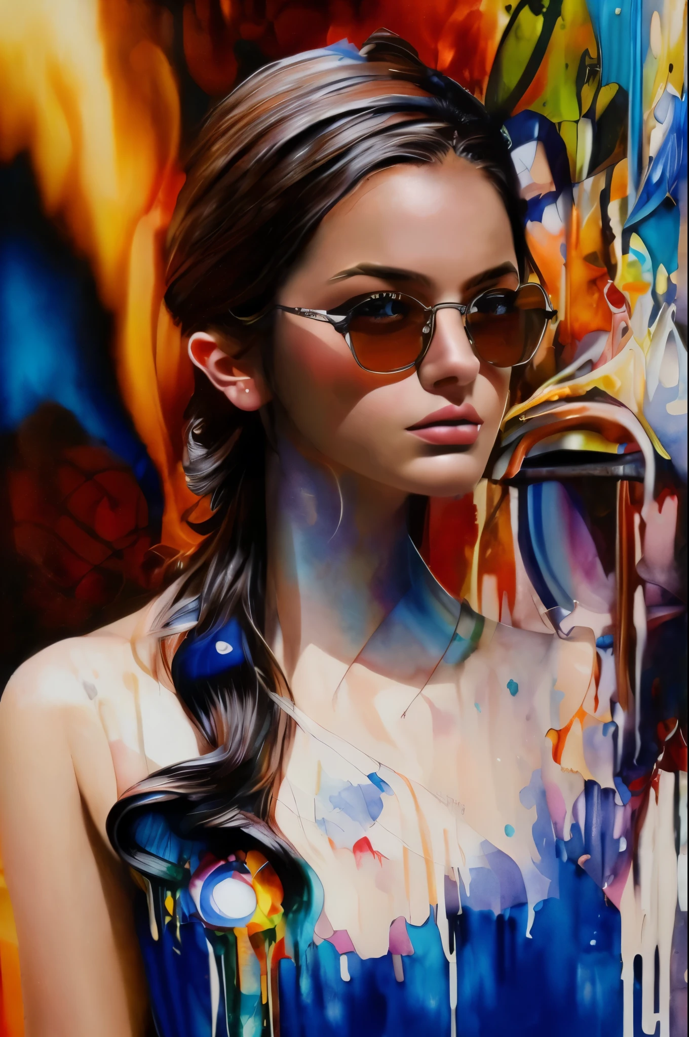 masterpiece, best quality, extremely detailed, hyperrealistic, photorealistic, watercolor painting, graffiti art, abstraction, a beautiful 20s russian model, abstracted, oil painting, thick oil, on a colorful background, pop art painting, dripping paint