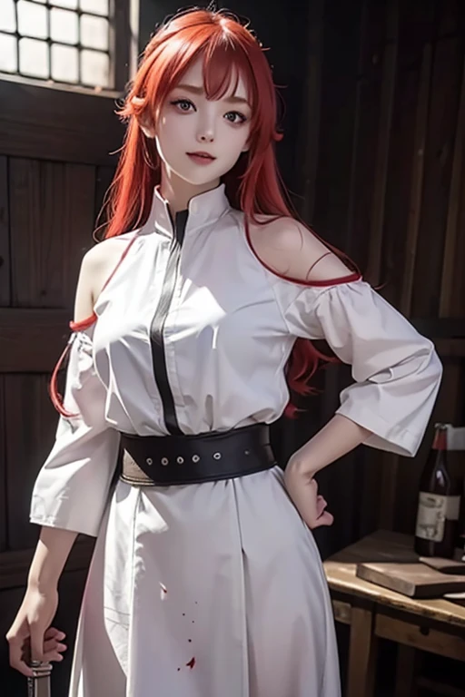 1girl, eris greyrat, red eyes, pretty , smile, red head, white clothes, realistic clothes, detail clothes, holding a sword, blood splatter, depth of field, night, red light particles, light rays, sid e lighting ,Best Quality, High resolution, extremely detailed , 8K, Highly realistic, Ultra-realistic, photos realistic,