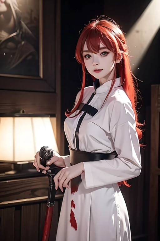 1girl, eris greyrat, red eyes, pretty , smile, red head, white clothes, realistic clothes, detail clothes, holding a sword, blood splatter, depth of field, night, red light particles, light rays, sid e lighting ,Best Quality, High resolution, extremely detailed , 8K, Highly realistic, Ultra-realistic, photos realistic,