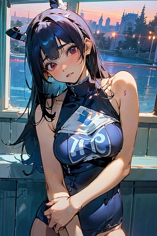 (Soft saturation:1.3)、(Light skin:1.2)、(非常にDetailed Background、Detailed Background)、The composition is symmetrical、Staring straight at me with serious eyes、break,(Blue swimsuit)、(Blue Bikini)、Medium breast、Strong light、(teenager:1.3)、(Cowboy Shot:1.2)、Frontal break angle、Dynamic Pose、、Illuminated by the setting sun、Typical Mediterranean house interior、In her late teens with red eyes and black hair、Bust 84cm、Waist 57cm、Beautiful girl with 83cm hips