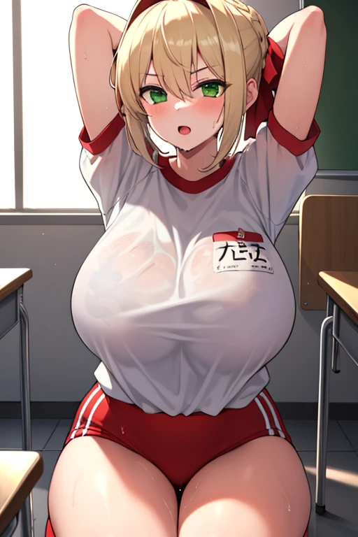 1girl,fgonero, nero, ahoge, blonde hair, (green eyes:1.5), hair between eyes, hair intakes, 
BREAK braid, buruma, french braid, gym shirt, gym uniform, hair bun, headband, official alternate costume, red buruma, red headband, single hair bun, blush, ahegao, (wet closing), (sweat), (steam),  (Wet and transparent), (huge breasts, gigantic breasts), 
BREAK 
BREAK squat, open legs, arm behind head, 
BREAK indoors, classroom, midnight, 
BREAK (masterpiece:1.2), best quality, high resolution, unity 8k wallpaper, (illustration:0.8), (beautiful detailed eyes:1.6), extremely detailed face, perfect lighting, extremely detailed CG, (perfect hands, perfect anatomy),