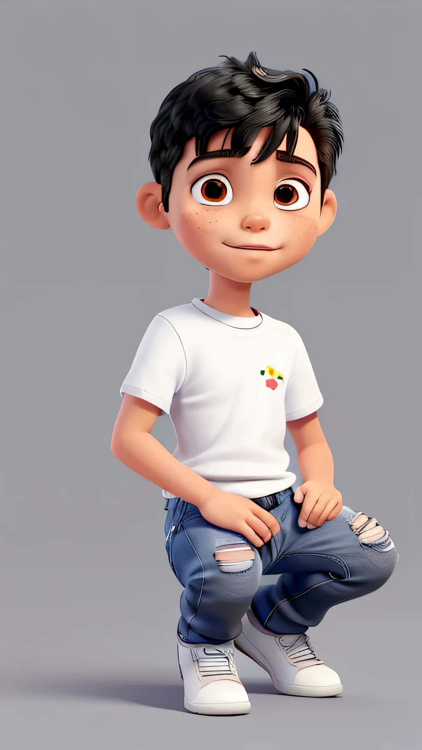 Miguel was a six-year-old autistic boy, he was wearing jeans, a white shirt with a black collar, Miguel was squatting.  image white background, only the character in the image